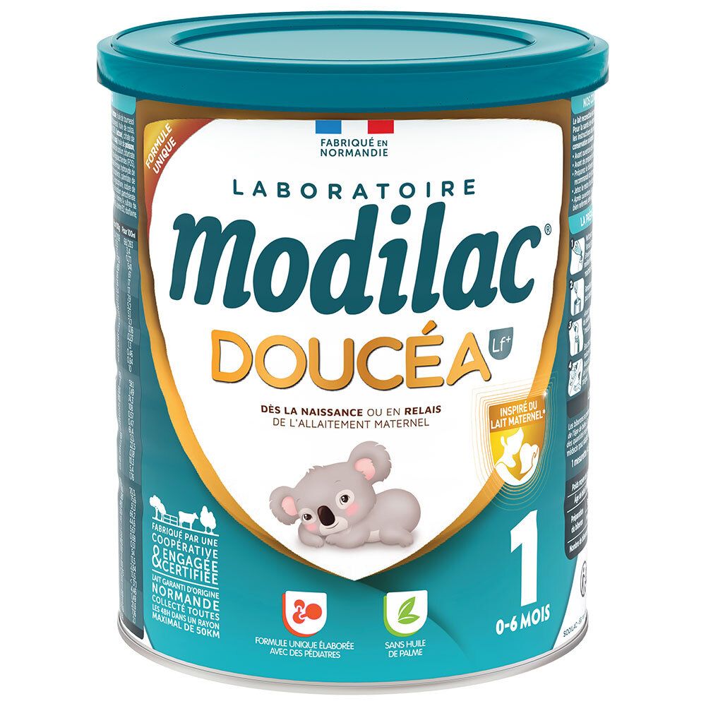 Modilac Doucéa 1er âge poedermelk. Blauw deksel. Label met koala, tekst: 0-6 maanden. Franse vlag.