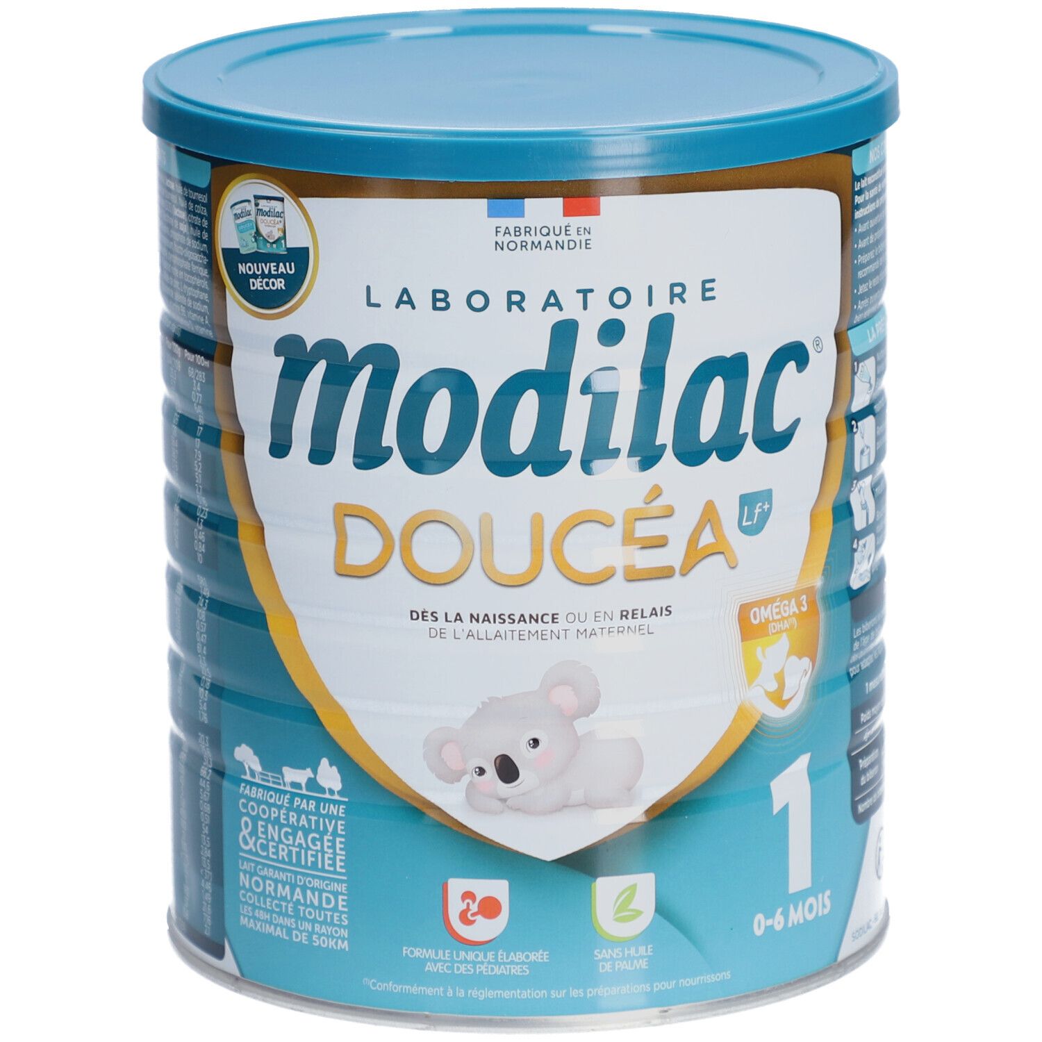 Boîte de lait en poudre Modilac Doucéa, 1er âge, 0-6 mois. Koala dessiné. Bleu et blanc. Fabriqué en Normandie.