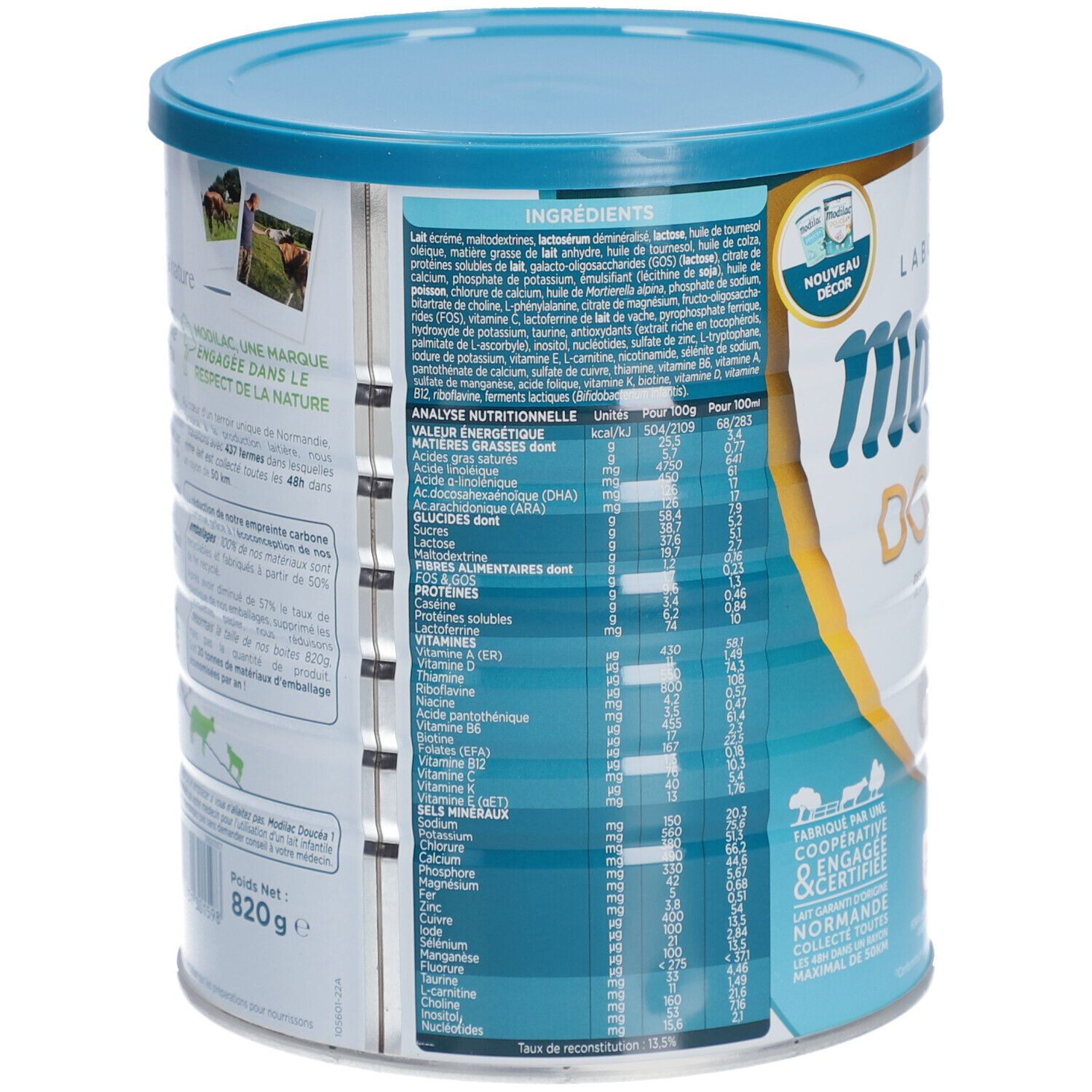 Dos de la boîte de lait en poudre. Liste des ingrédients et informations nutritionnelles. Design bleu et blanc.