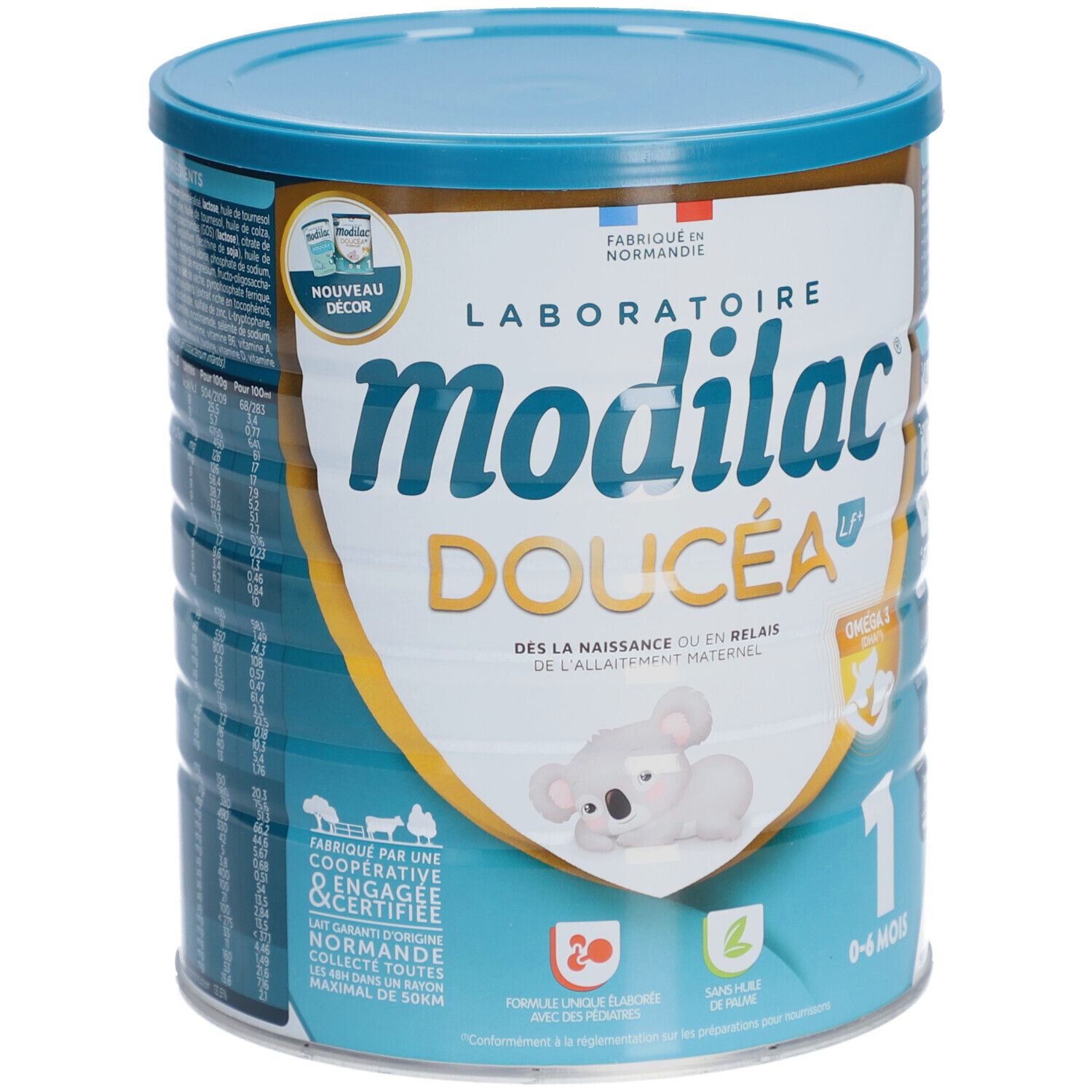 Boîte de lait en poudre Modilac Doucéa, 1er âge, 0-6 mois. Koala dessiné. Bleu et blanc.