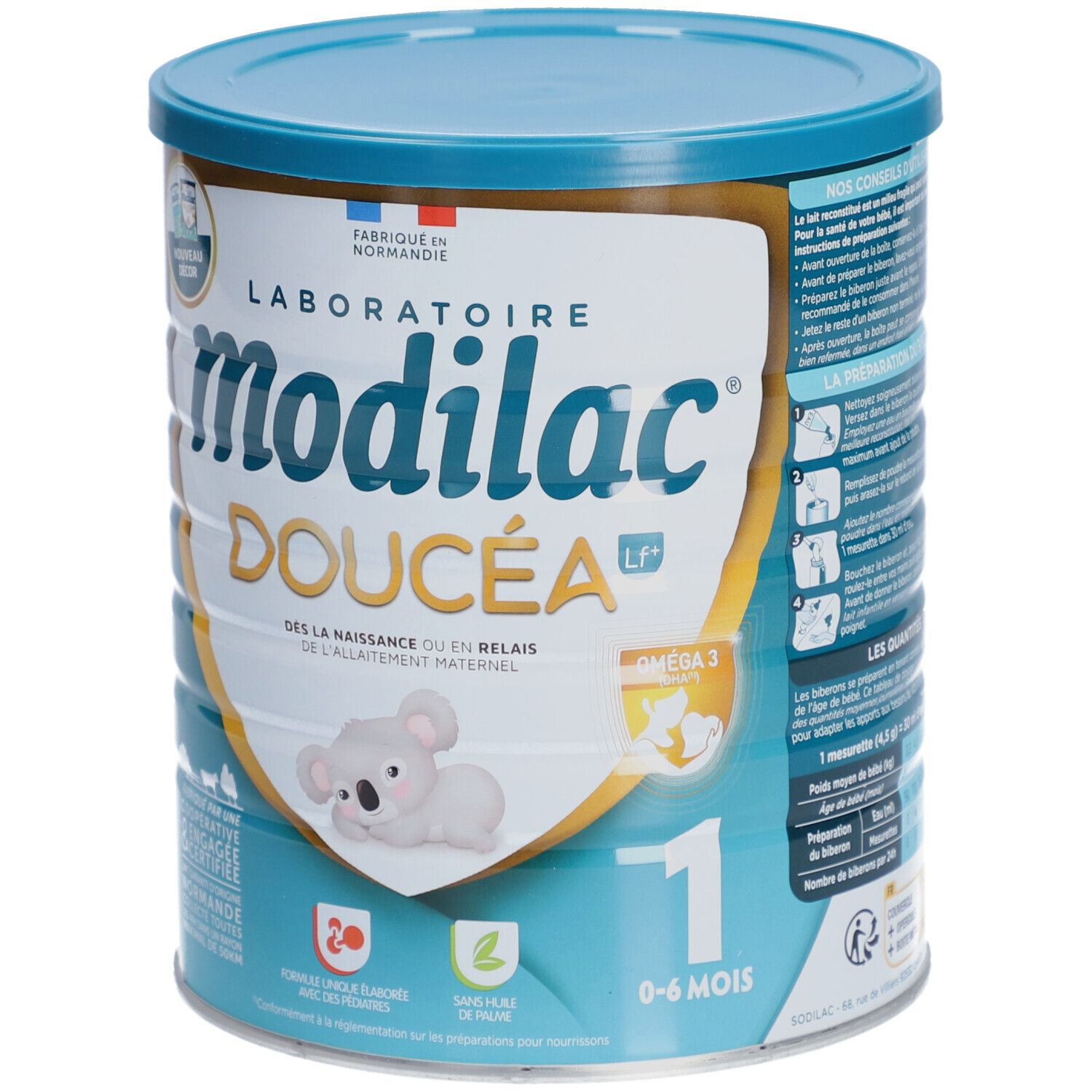 Boîte de lait en poudre Modilac Doucéa, 1er âge, 0-6 mois. Koala dessiné. Bleu et blanc.