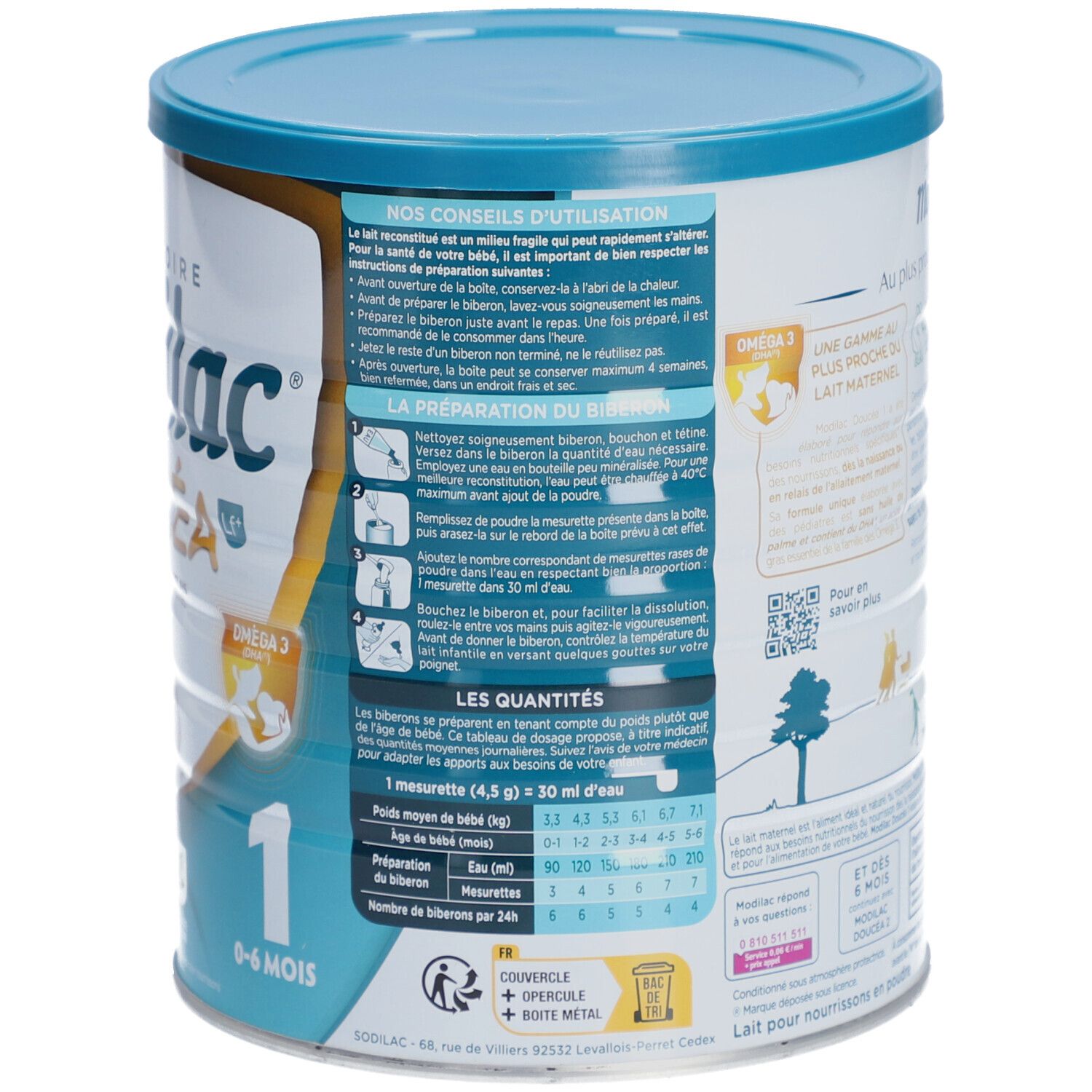 Dos de la boîte de lait en poudre. Instructions d'utilisation et tableaux de dosage. Design bleu et blanc.