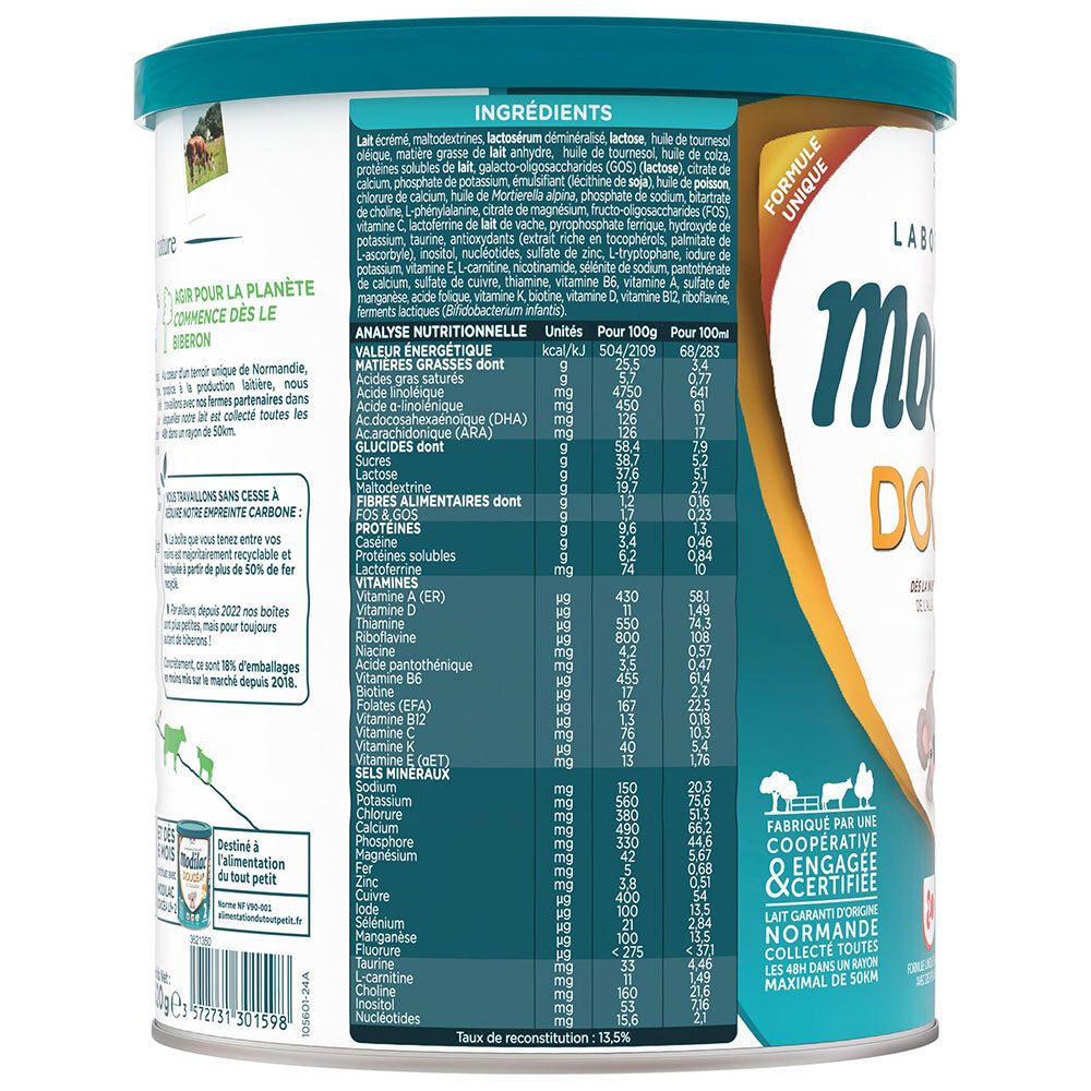 Modilac Doucéa 1: Arrière de la boîte avec liste des ingrédients et valeurs nutritionnelles.