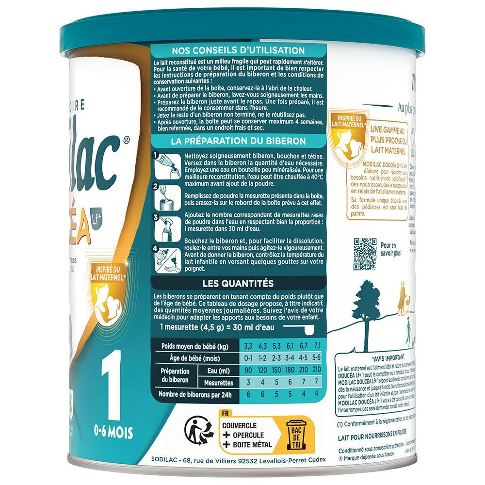 Modilac Doucéa 1: Vue latérale de la boîte avec instructions de préparation et dosage.