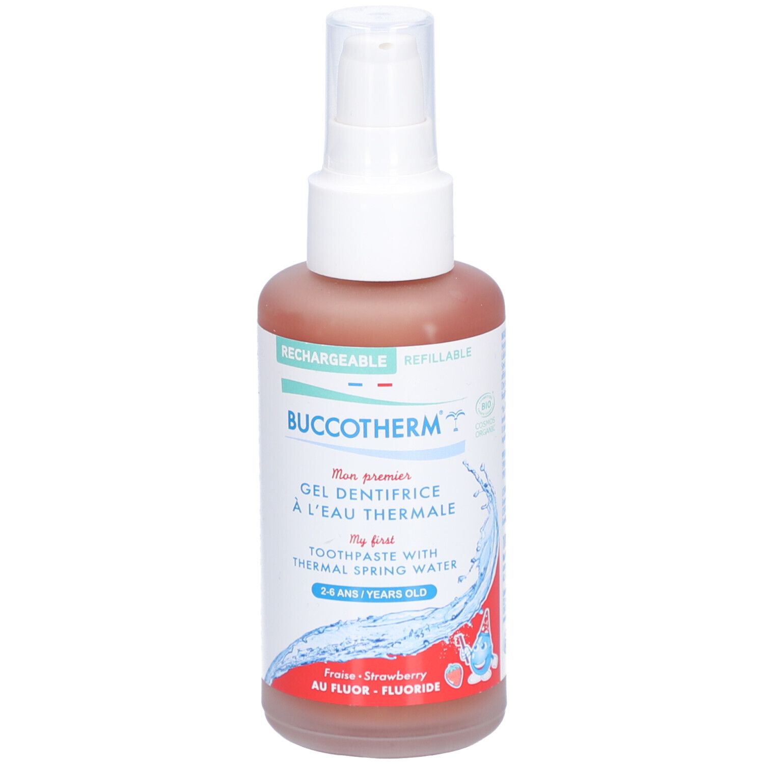 Flacon rose avec pompe blanche. Inscription: Buccotherm, Mon premier gel dentifrice à l'eau thermale, 2-6 ans.
