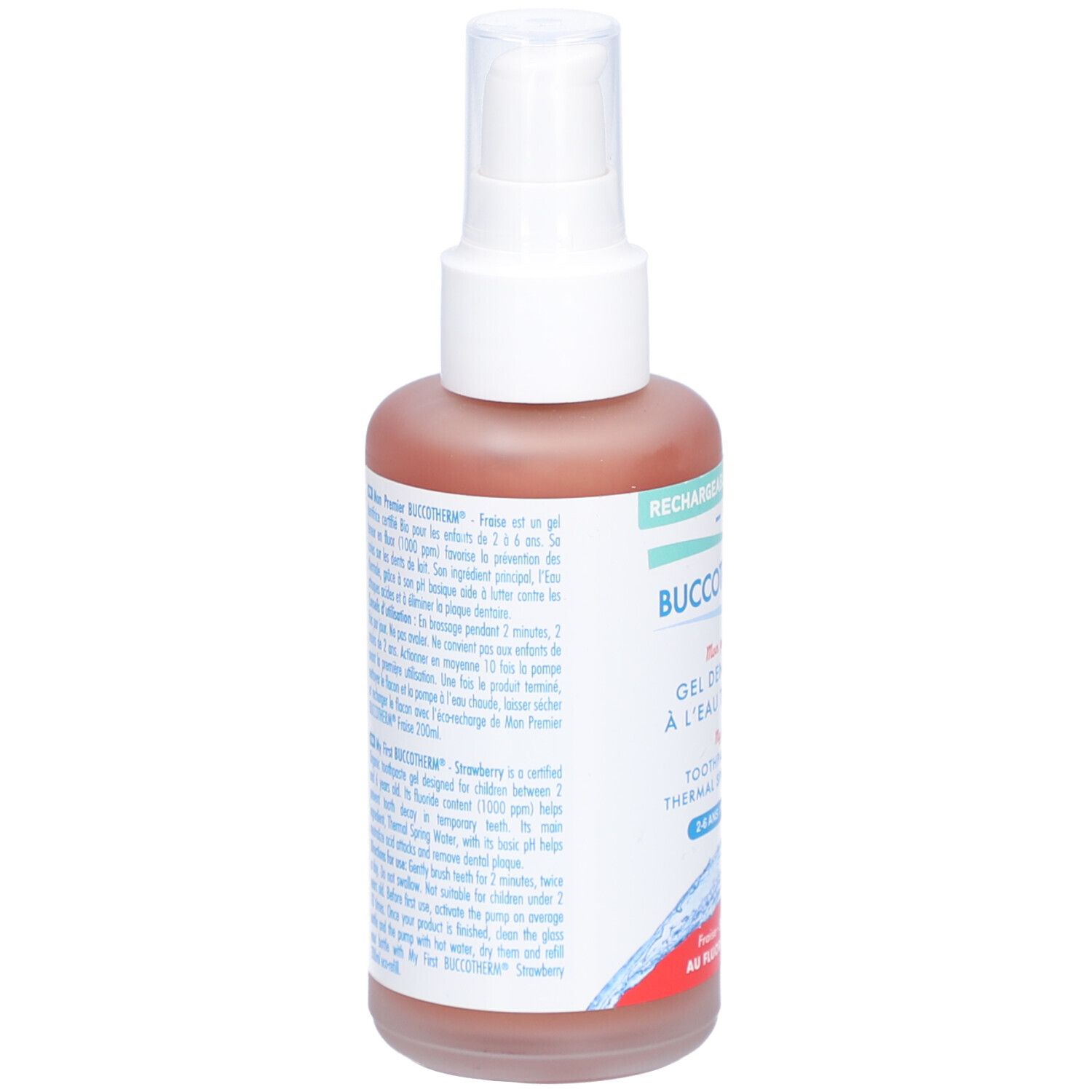 Dos du flacon rose avec texte. Inscription: Buccotherm, Mon premier gel dentifrice à l'eau thermale, 2-6 ans.