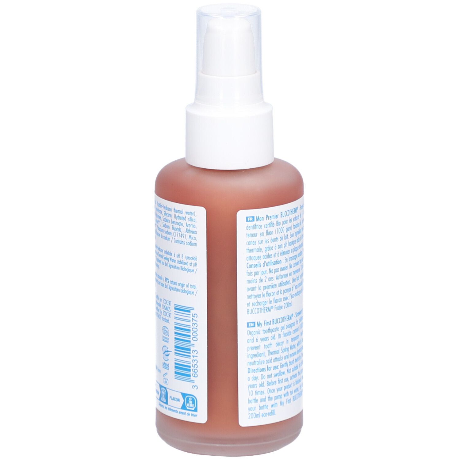 Dos du flacon rose avec texte. Inscription: Buccotherm, Mon premier gel dentifrice à l'eau thermale, 2-6 ans.