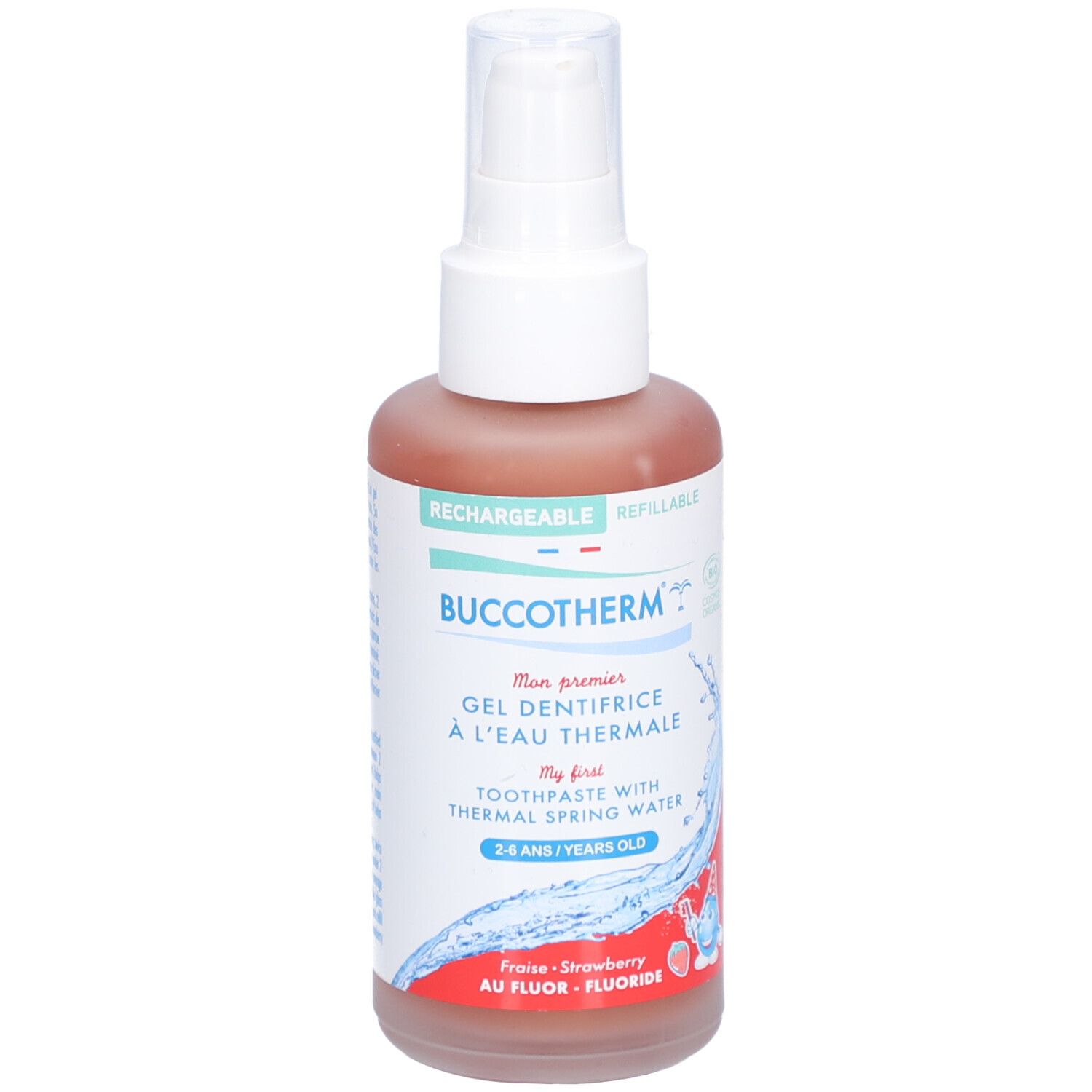 Flacon rose avec pompe blanche. Inscription: Buccotherm, Mon premier gel dentifrice à l'eau thermale, 2-6 ans.