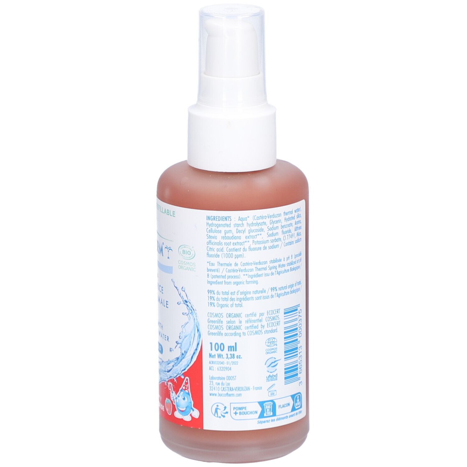 Dos du flacon rose avec texte. Inscription: Buccotherm, Mon premier gel dentifrice à l'eau thermale, 2-6 ans, 100 ml.