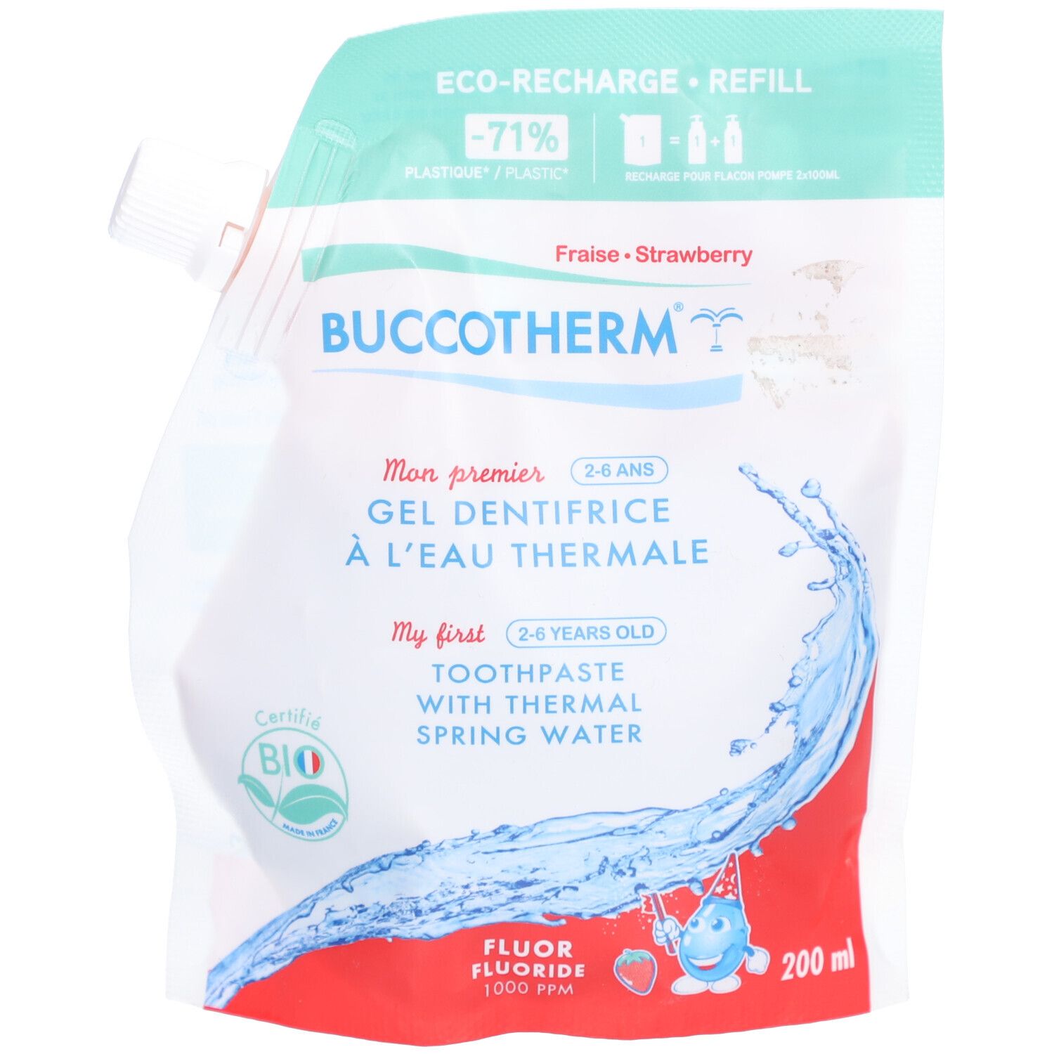 Recharge BUCCOTHERM, dentifrice certifié BIO. Contenance 200 ml. Inscription "Mon premier". Emballage souple avec bouchon.