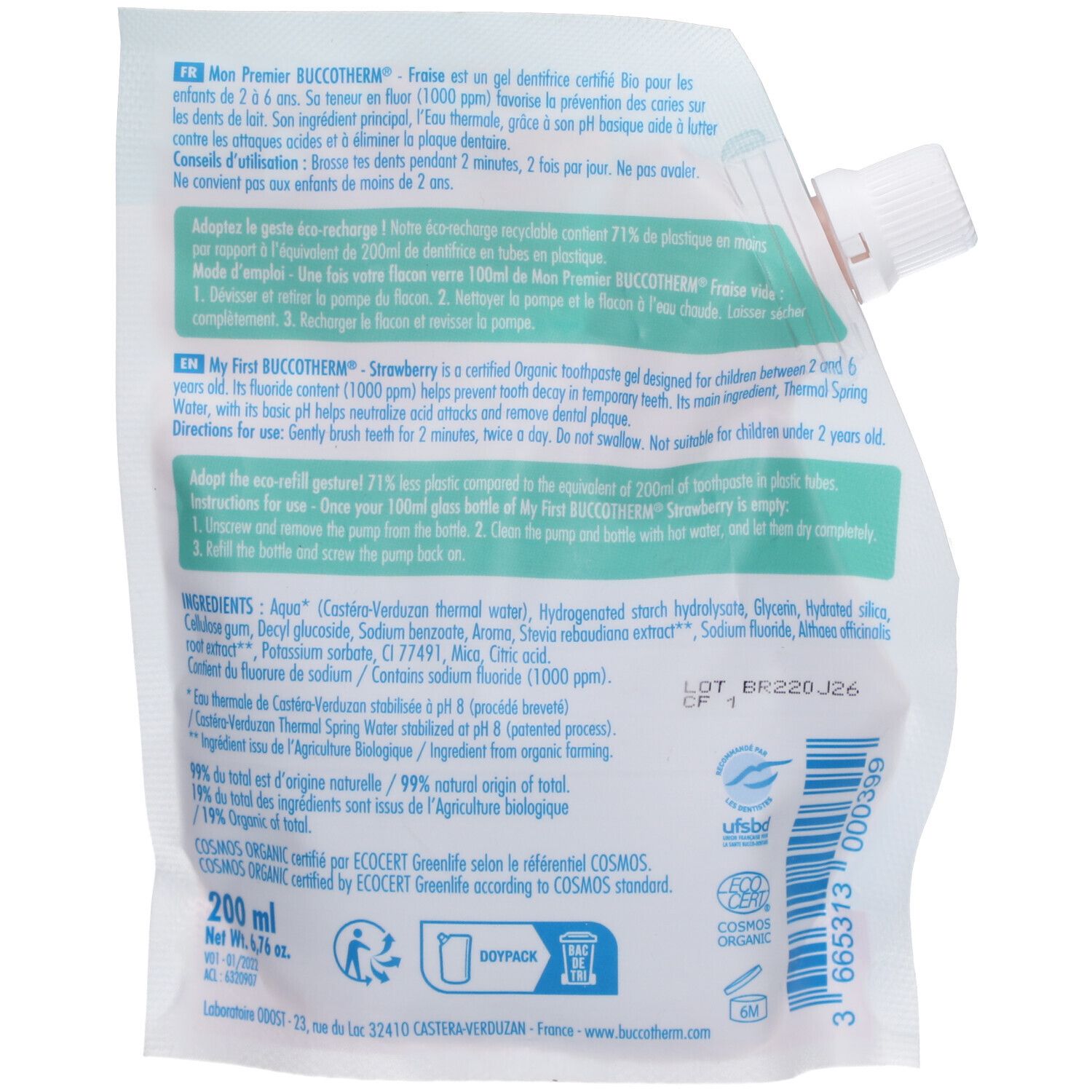 Dos de la recharge BUCCOTHERM. Ingrédients, informations, certifications et logo. Contenance 200 ml. Emballage souple.