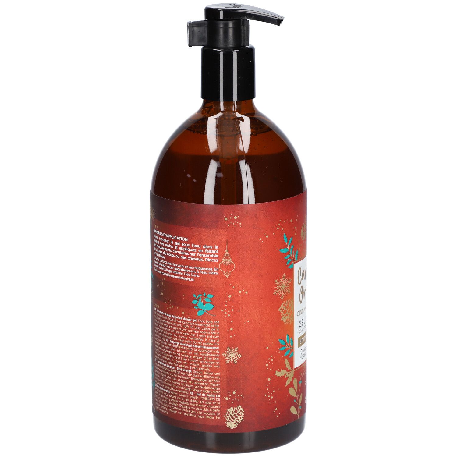 Flacon marron, dos avec texte. Inscription: Cannelle Orange, Gel Douche. Détails sur les ingrédients et l'utilisation.