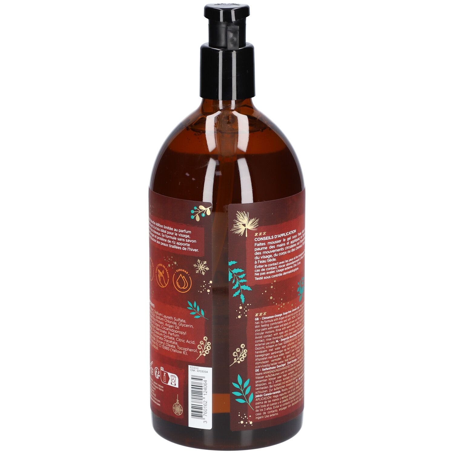 Flacon marron, dos avec texte. Inscription: Cannelle Orange, Gel Douche. Détails sur les ingrédients et l'utilisation.