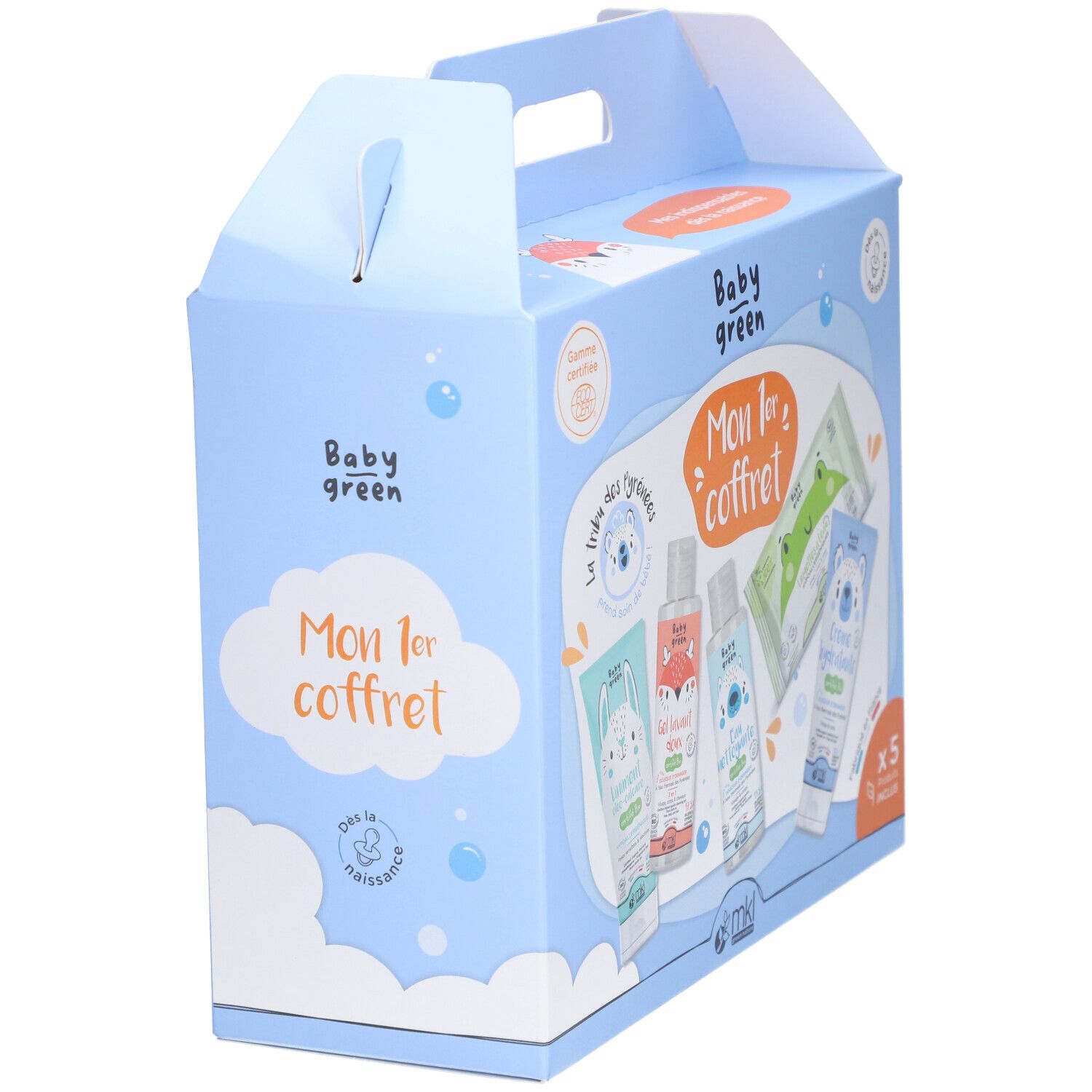 Lichtblauwe geschenkdoos met handvat. Opschrift: Mon 1er coffret. Baby Green logo. Illustraties van dieren en wolken.