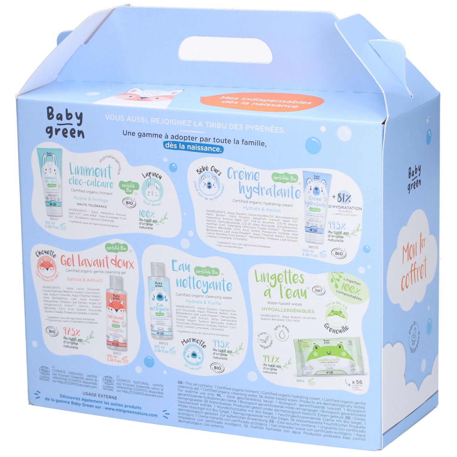 Achterkant van de lichtblauwe geschenkdoos. Productbeschrijvingen en illustraties. Baby Green logo. Tekst in het Frans.