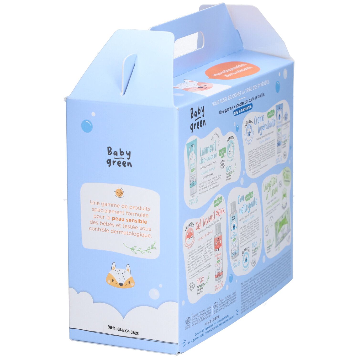 Zijkant van de lichtblauwe geschenkdoos. Productbeschrijvingen en illustraties. Baby Green logo. Tekst in het Frans.