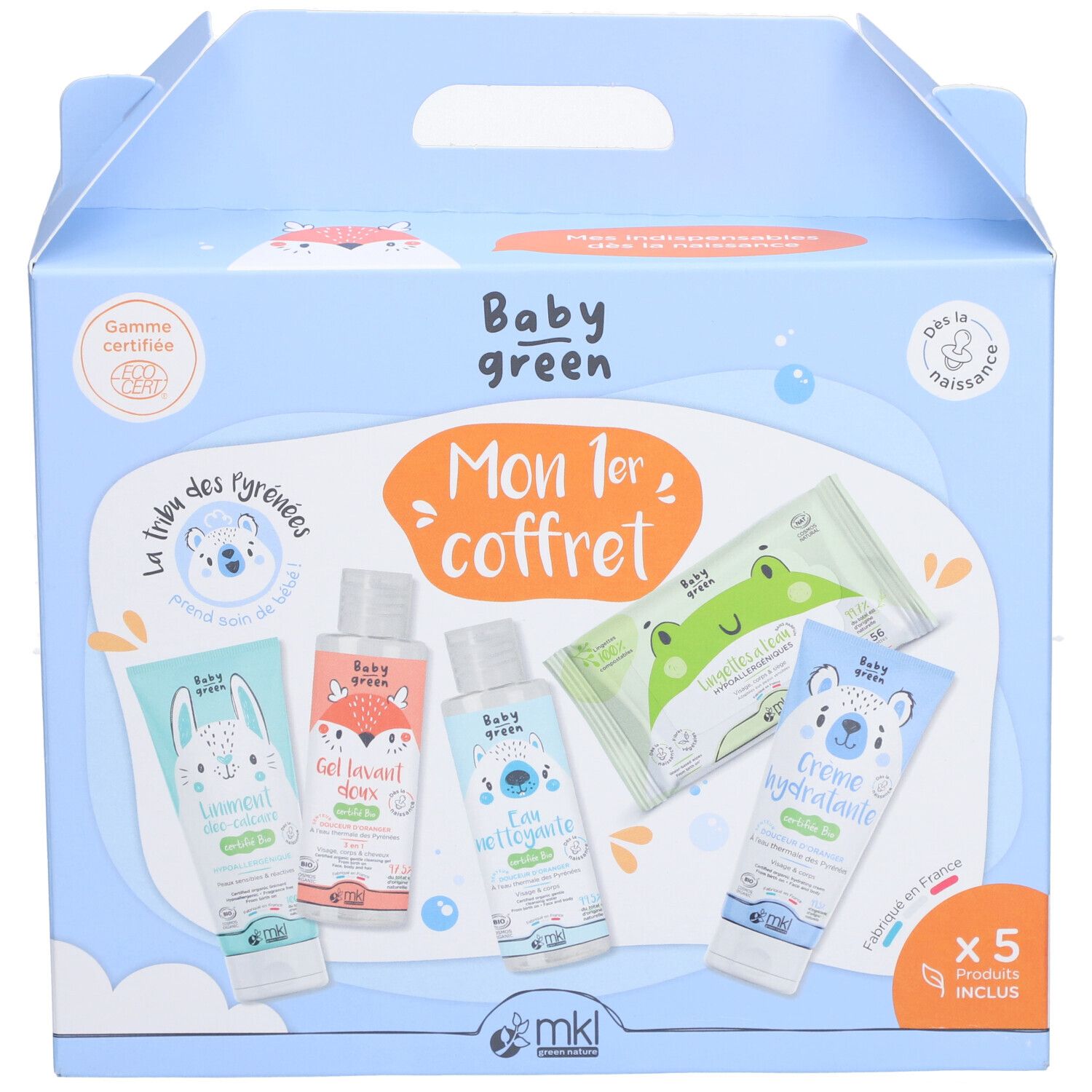 Lichtblauwe geschenkdoos met handvat. Bevat 5 Baby Green producten. Opschrift: Mon 1er coffret. Met logo's en illustraties.
