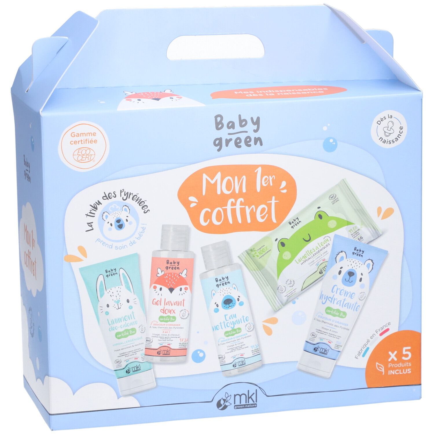 Lichtblauwe geschenkdoos met handvat. Bevat 5 Baby Green producten. Opschrift: Mon 1er coffret. Met logo's en illustraties.