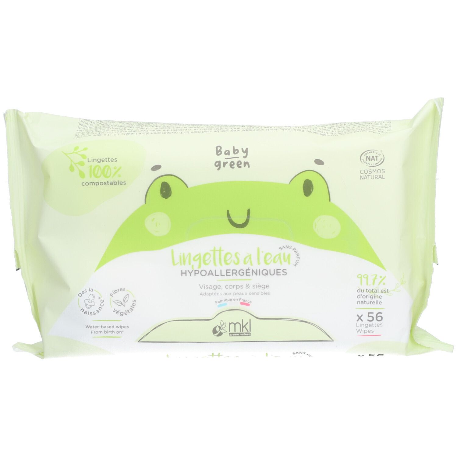 Verpakking Baby Green vochtige doekjes. Lichtgroene verpakking met kikkerillustratie. Tekst: Lingettes à l'eau, 100% composteerbaar, 56 stuks.