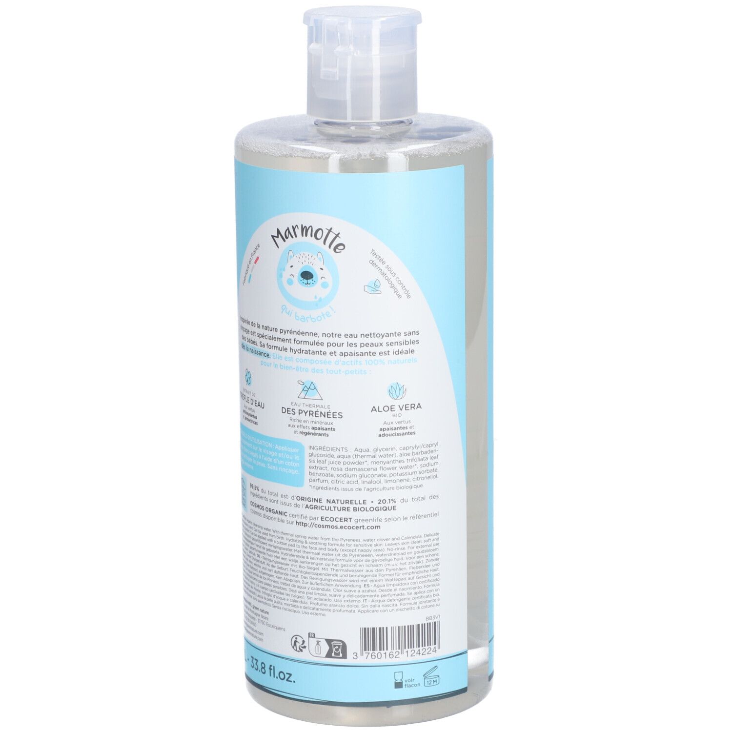 Achterkant van de fles Baby Green Eau Nettoyante. Meertalige tekst. Logo: Marmotte.