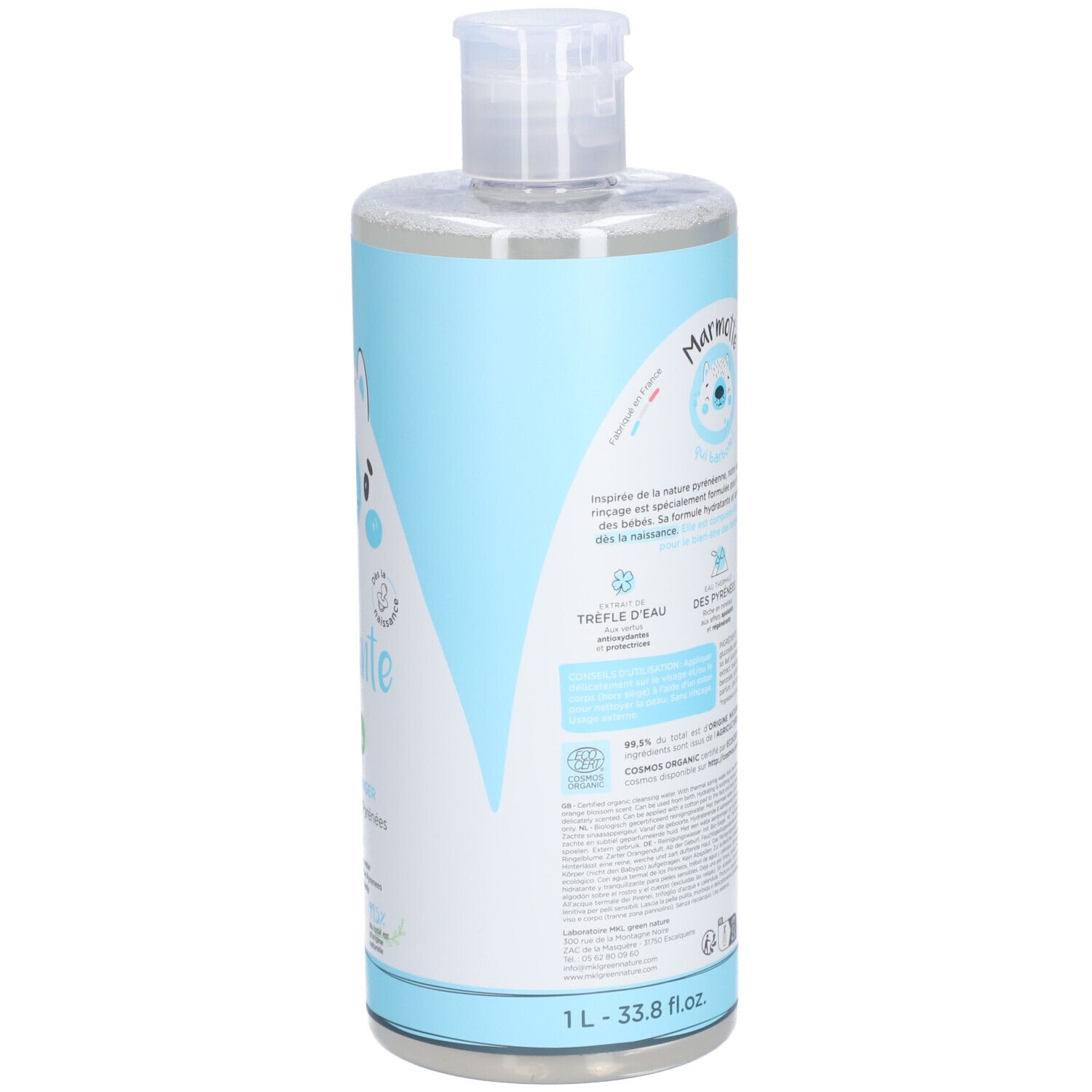 Achterkant van de fles Baby Green Eau Nettoyante. Meertalige tekst. Logo: Marmotte.