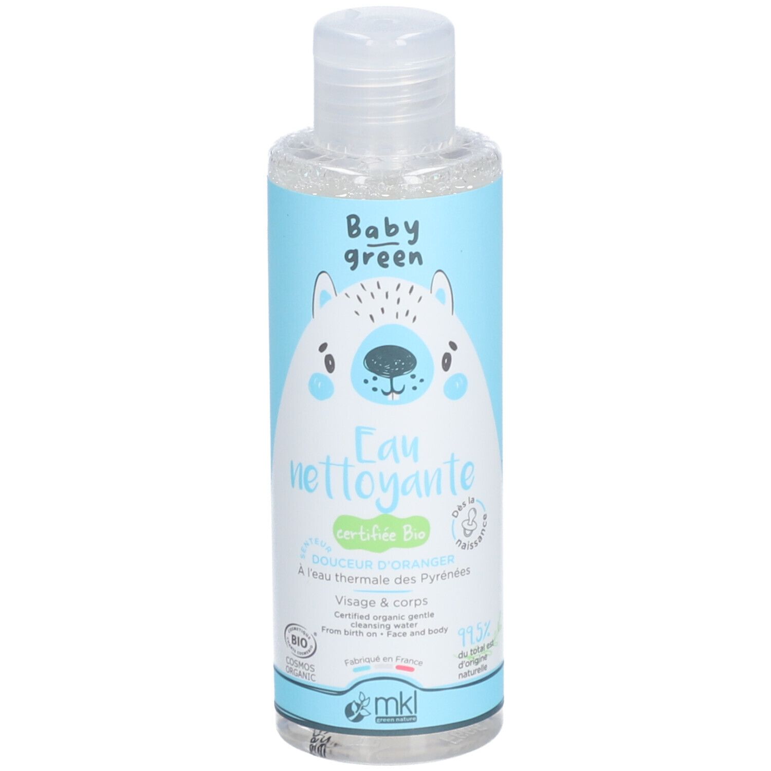 Fles Baby Green Eau Nettoyante. Lichtblauw etiket met beer. Tekst: Eau nettoyante, certifié Bio. Bio-logo.