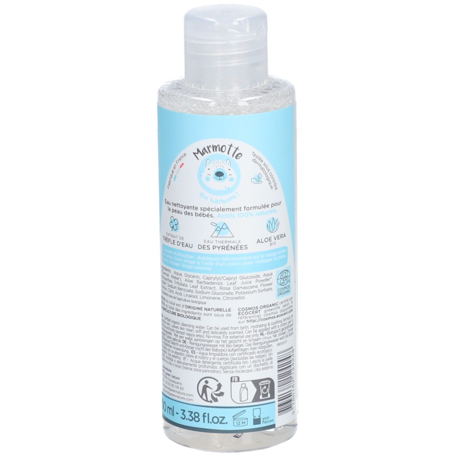 Achterkant fles Baby Green Eau Nettoyante. Tekst. Marmotte-logo. 100ml. Bio-certificering.