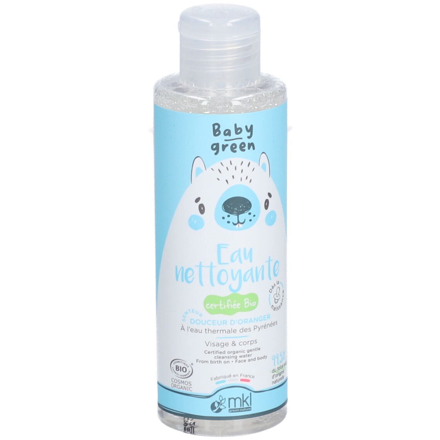 Fles Baby Green Eau Nettoyante. Lichtblauw etiket met beer. Tekst: Eau nettoyante, certifié Bio. Bio-logo.