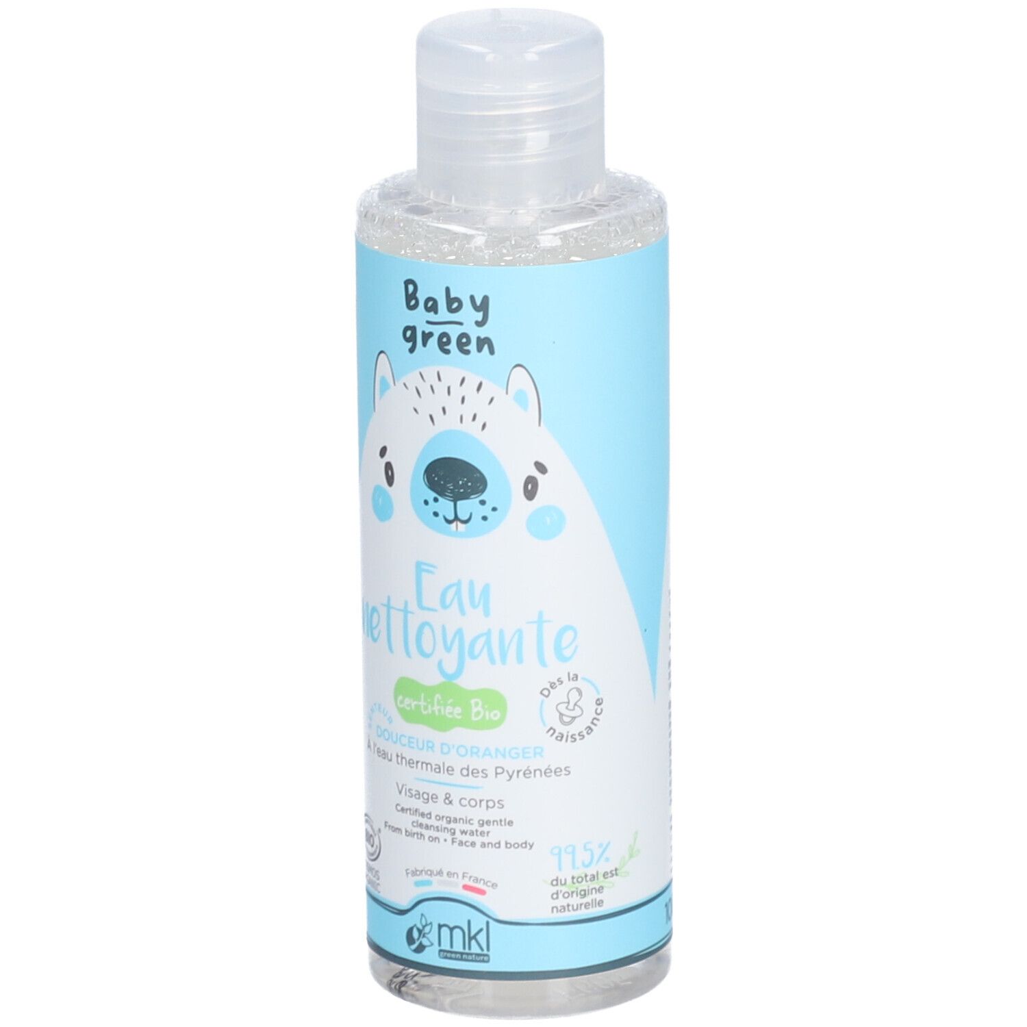 Fles Baby Green Eau Nettoyante. Lichtblauw etiket met beer. Tekst: Eau nettoyante, certifié Bio. Bio-logo.