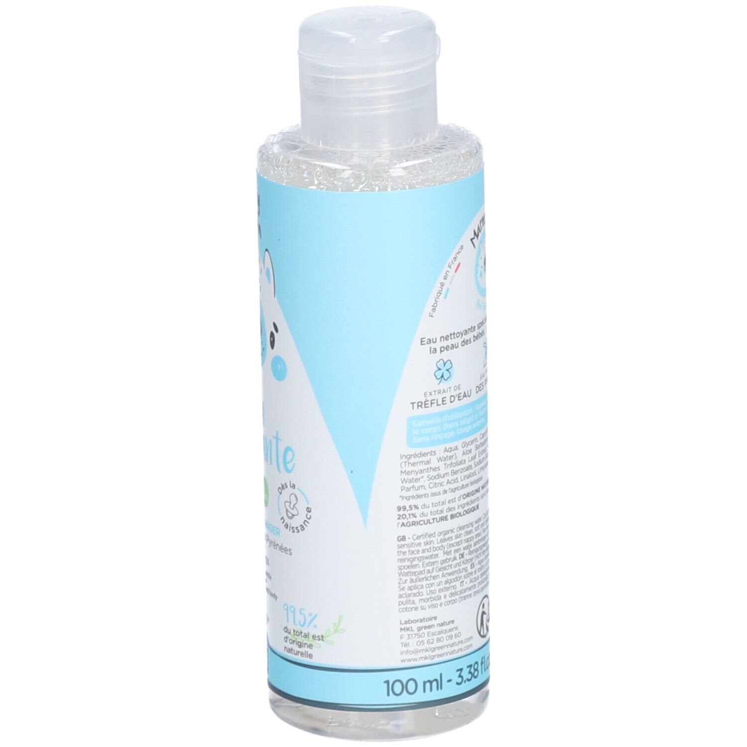 Achterkant fles Baby Green Eau Nettoyante. Tekst. 100ml. Bio-certificering. Ingrediënten.