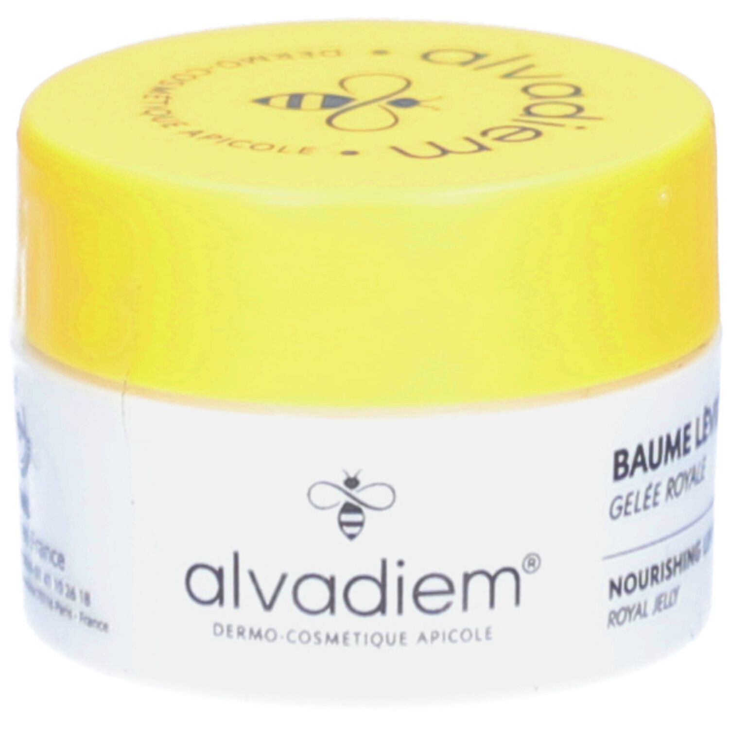 Wit en gele pot. Opschrift: alvadiem, Baume Lèvres, Gelee Royale, Nourishing Lip Balm. Bijenlogo.
