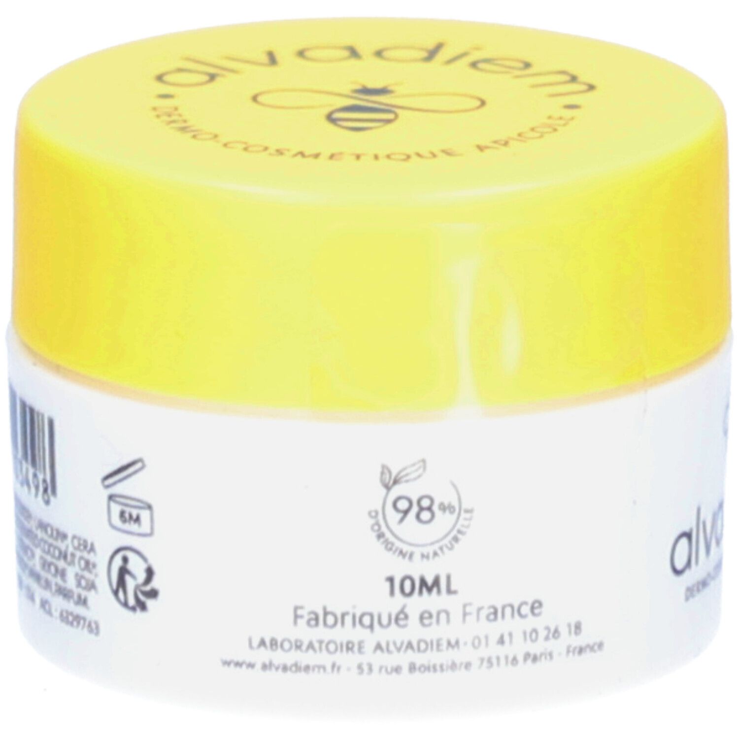 Wit en gele pot. Opschrift: 10ML, Fabriqué en France, 98% d'origine naturelle. Logo.