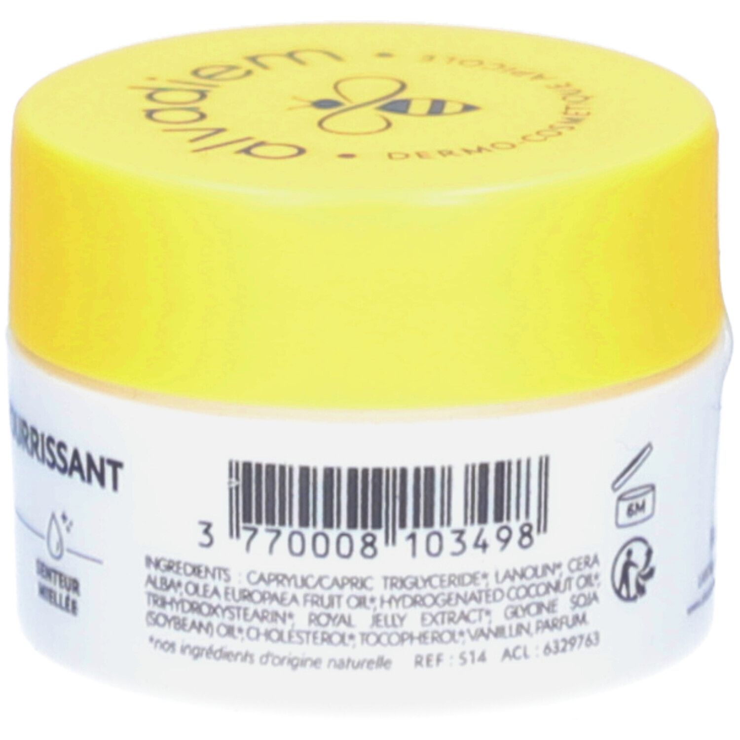 Wit en gele pot. Opschrift: Ingrediënten, barcode, 6M symbool.