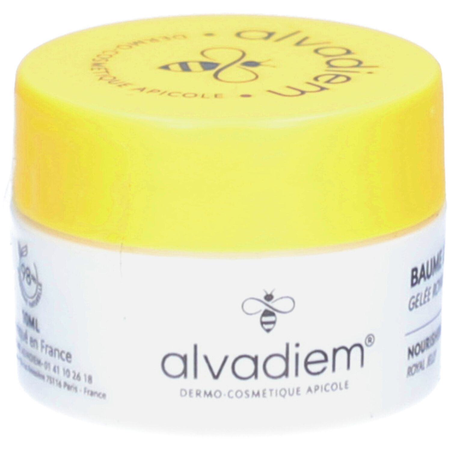 Wit en gele pot. Opschrift: alvadiem, Baume Lèvres, Gelee Royale, Nourishing Lip Balm.