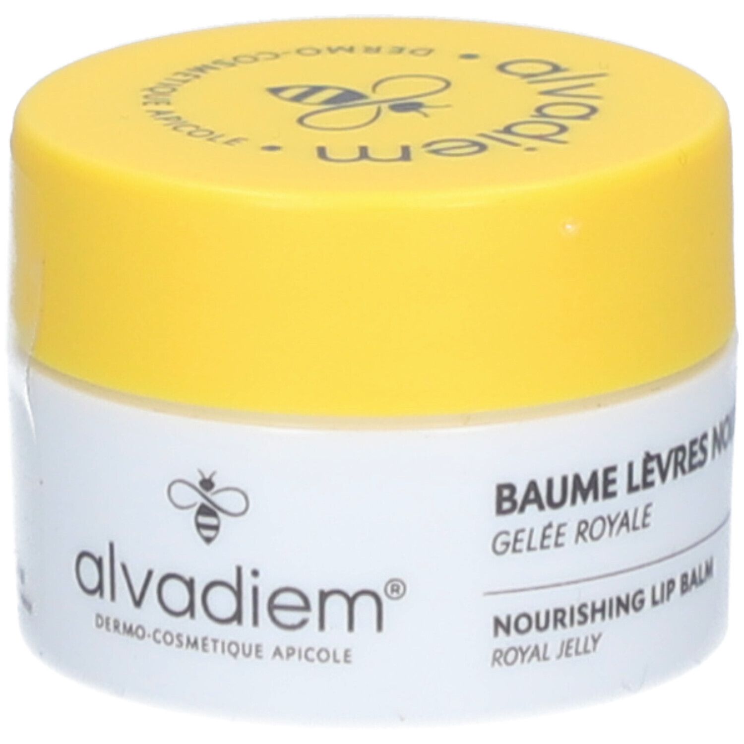 Wit en gele pot. Opschrift: alvadiem, Baume Lèvres Nourrissant, Gelee Royale, Nourishing Lip Balm.