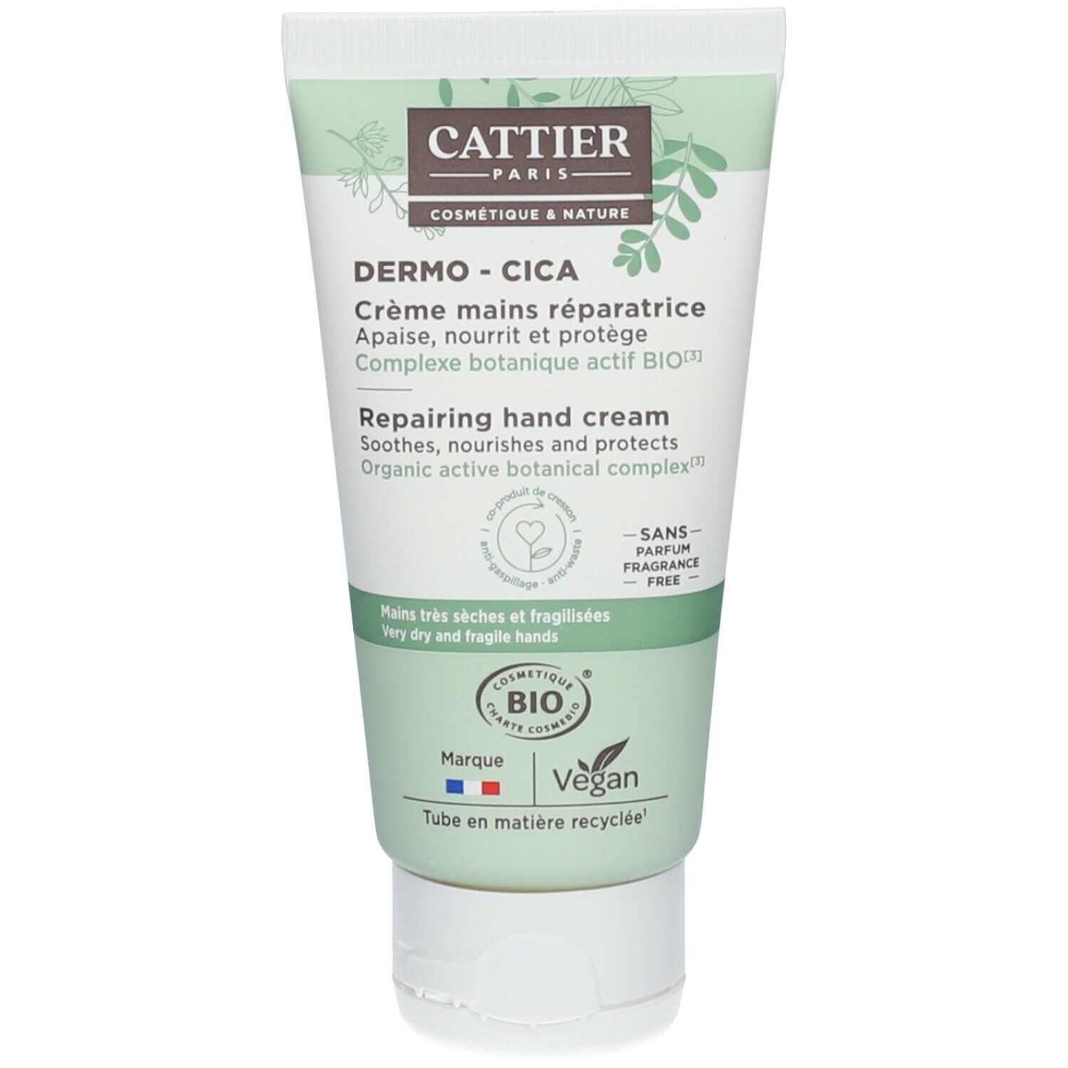 Handcrèmetube van CATTIER. Dermo-Cica, Crème mains réparatrice. Bio-certificering. Vegan.