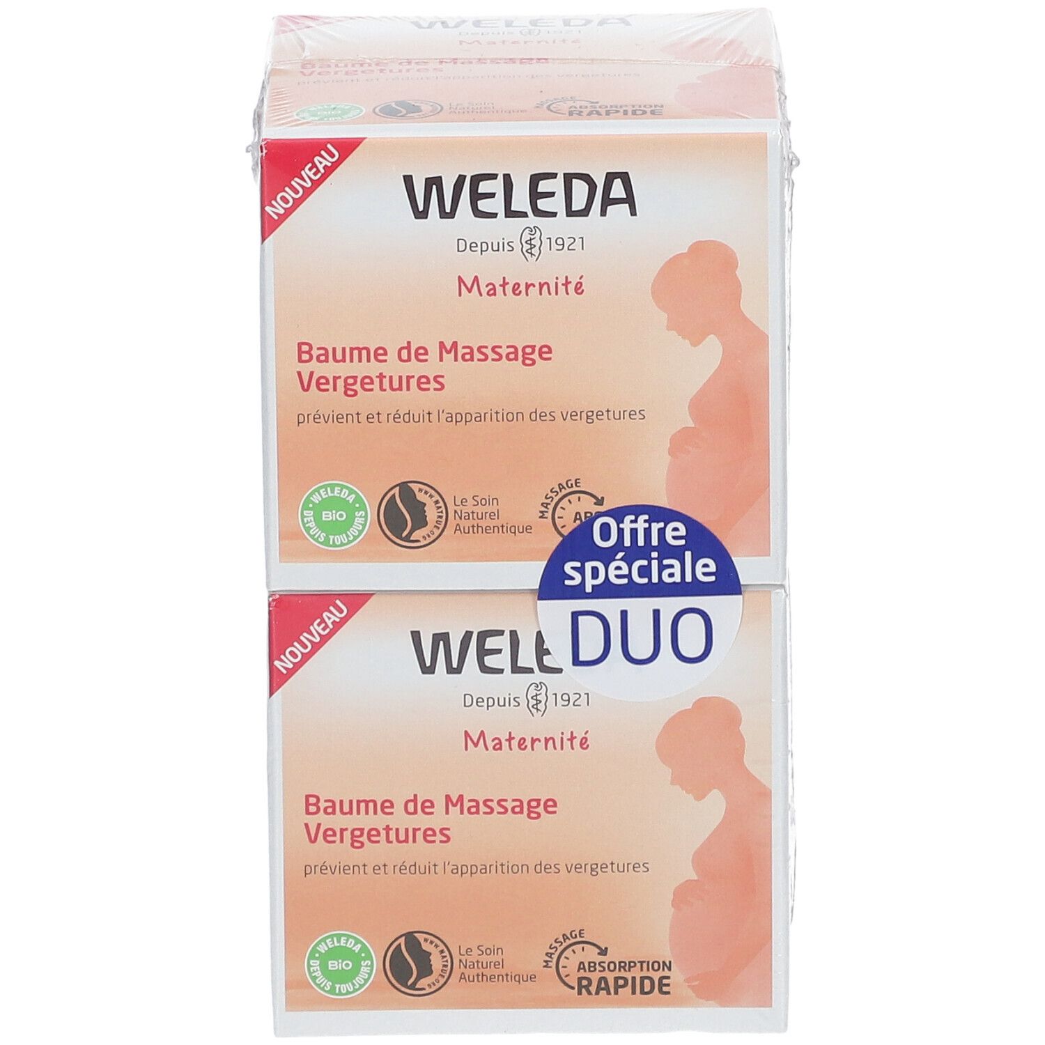 Twee verpakte dozen. Opschrift: WELEDA, Baume de Massage Vergetures, Maternité. Opschrift: Offre spéciale, Well Duo.
