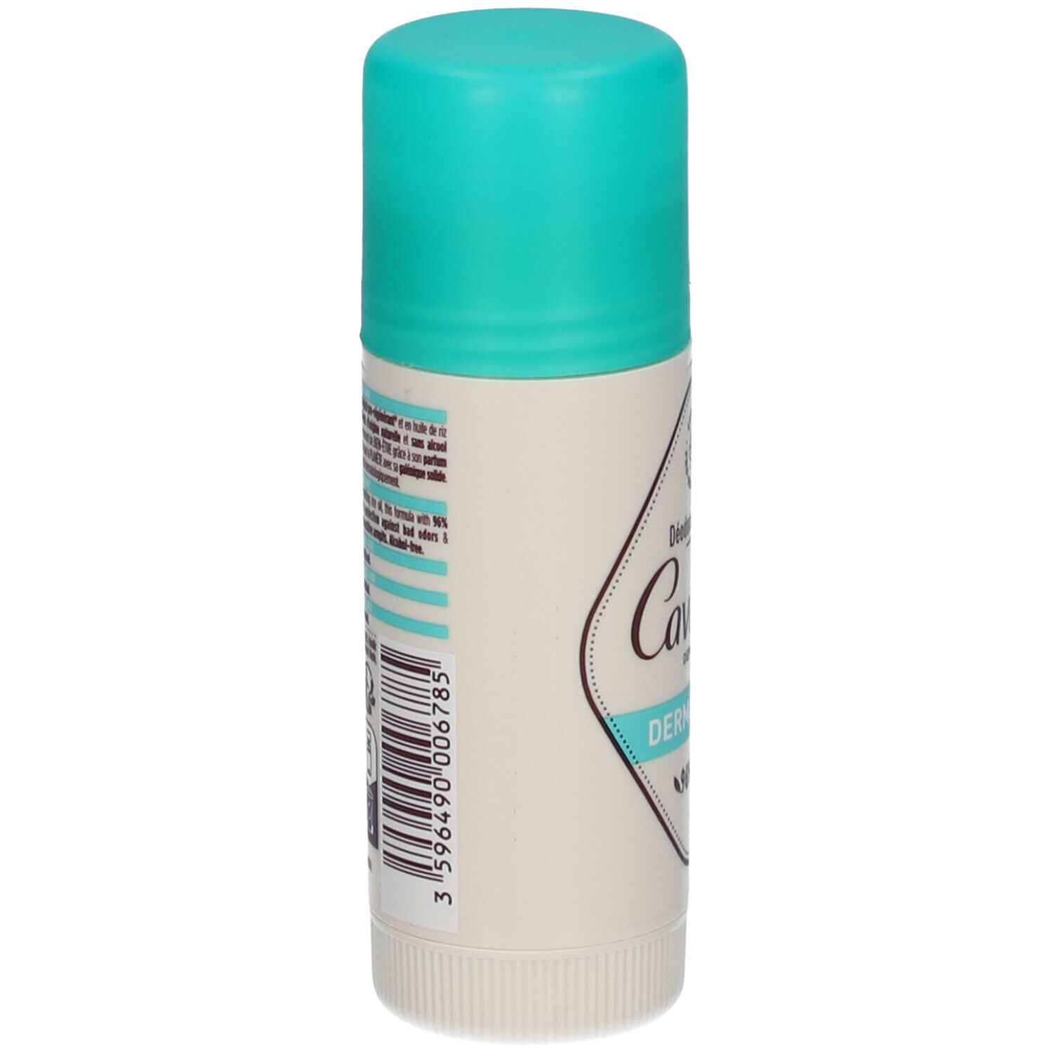 Côté du stick avec texte et code-barres. Emballage turquoise et blanc. Inscription: Cavaillès, Dermato 48H.
