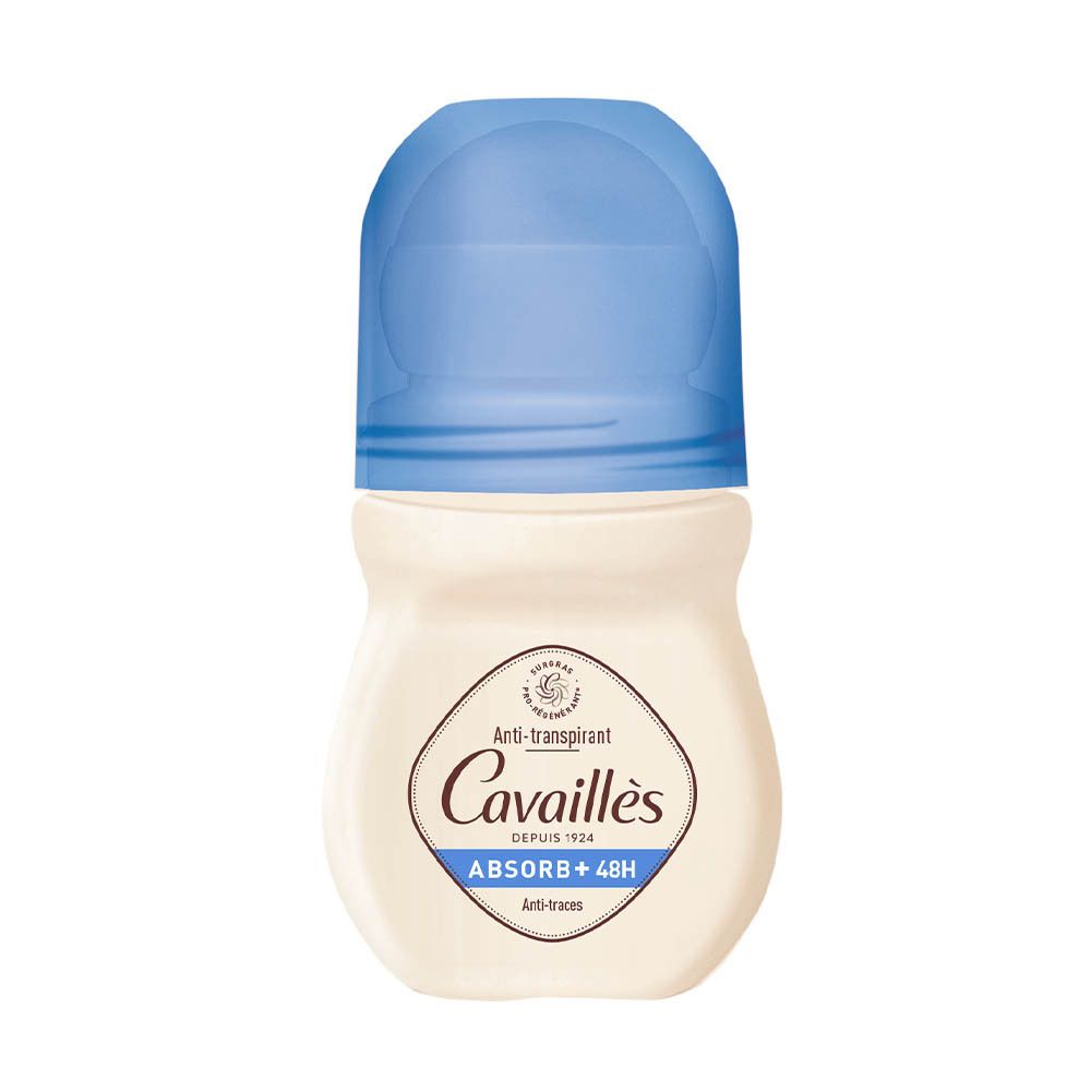 Witte roll-on deodorant met blauwe dop. Opschrift: Cavaillès, Anti-transpirant, Absorb+ 48H.