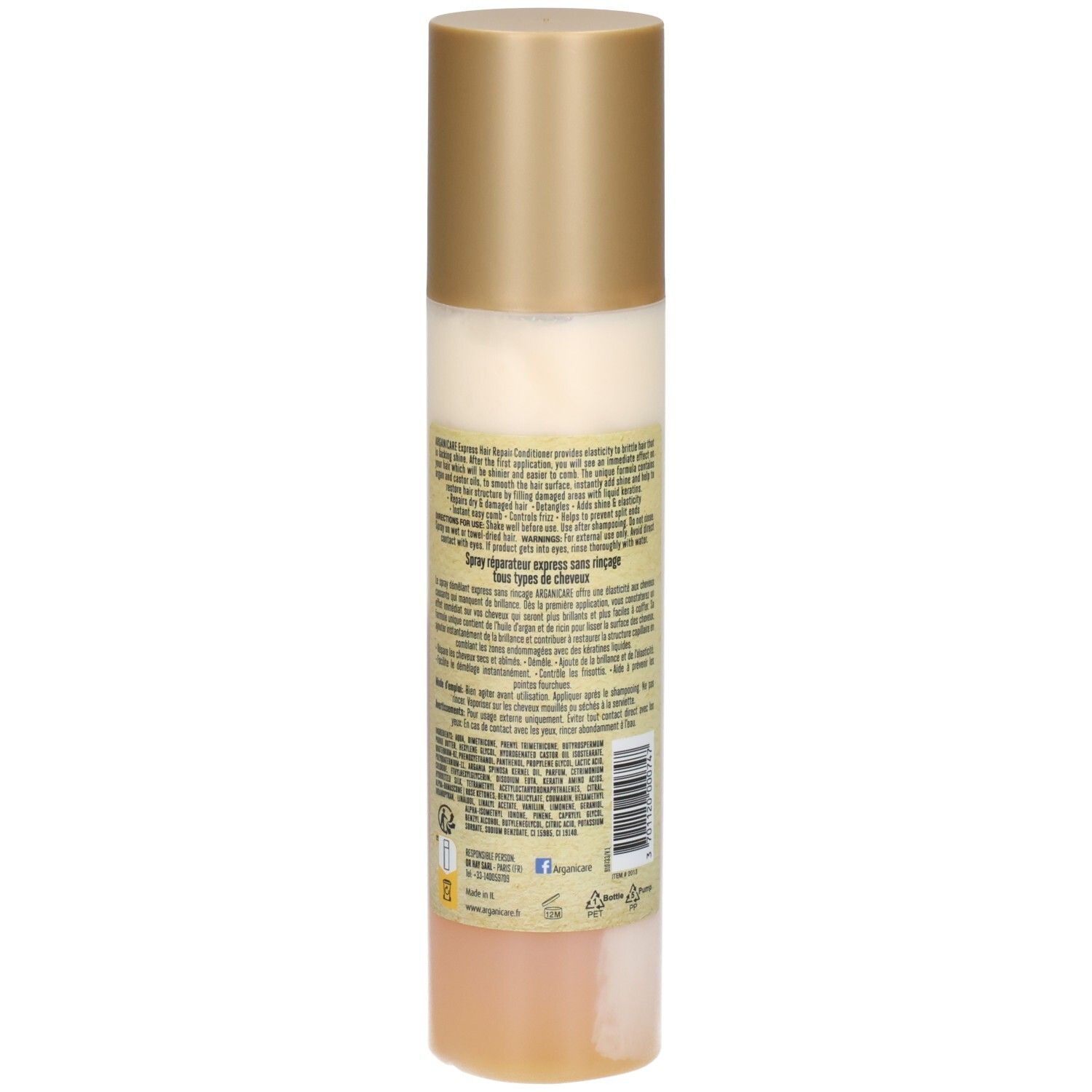 Arganicare Express Haar Herstel Conditioner met Castor Olie, achterkant met ingrediënten en certificeringen.