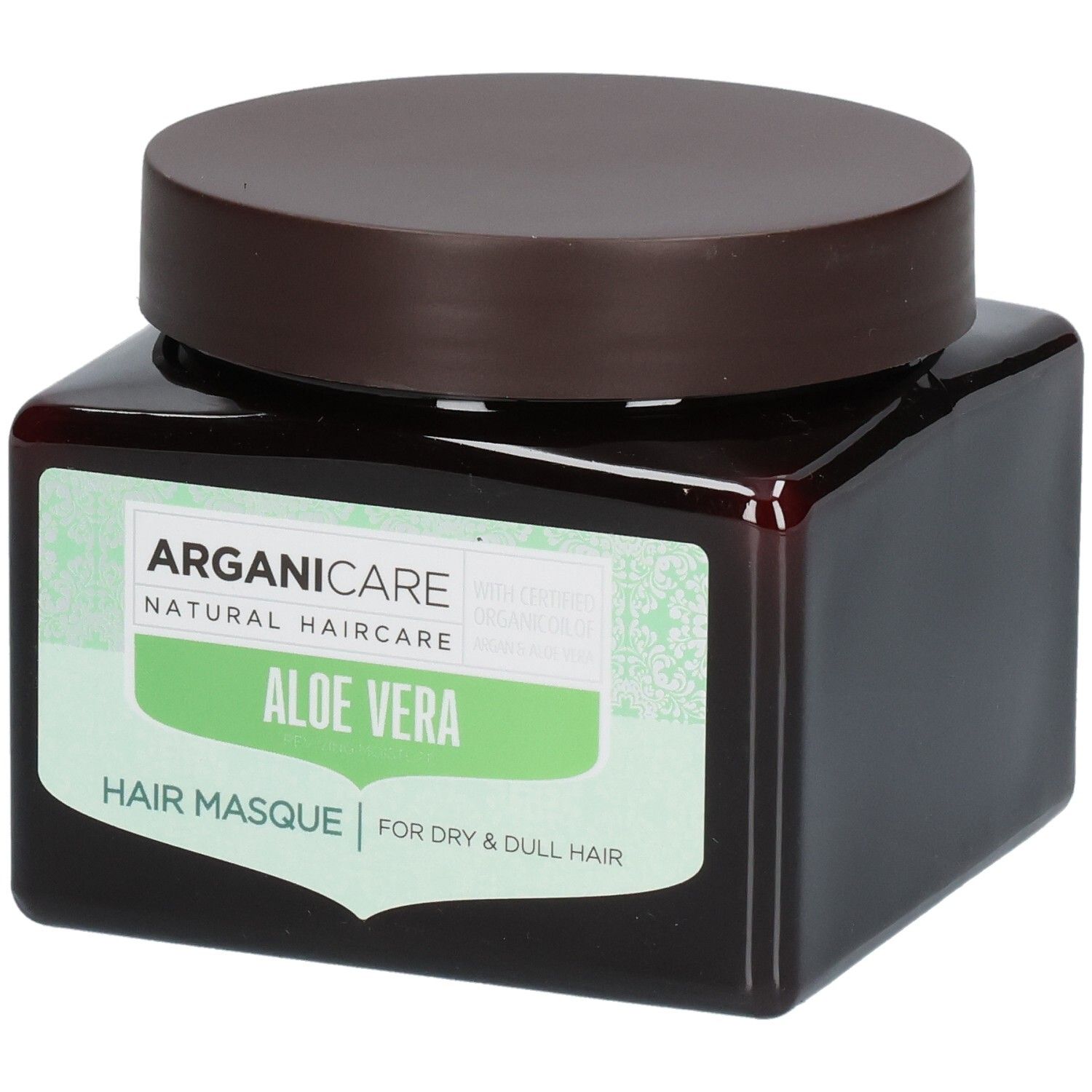 Arganicare Haarmasker met Aloë Vera voor droog en dof haar in een bruine pot.