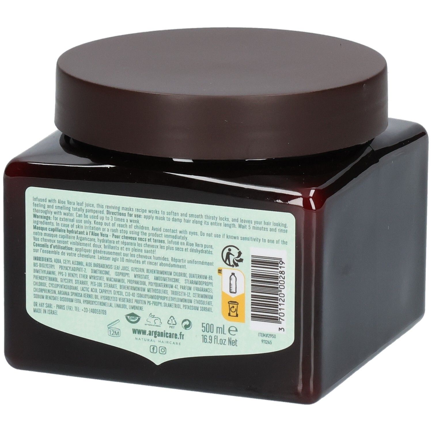 Achterkant van een Arganicare Haarmasker pot met Aloë Vera, 500 ml, met instructies.