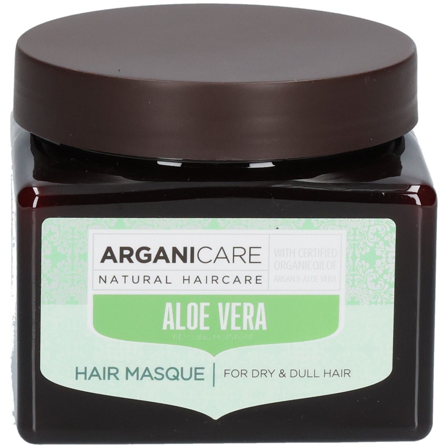 Arganicare Haarmasker met Aloë Vera voor droog en dof haar in een bruine pot.