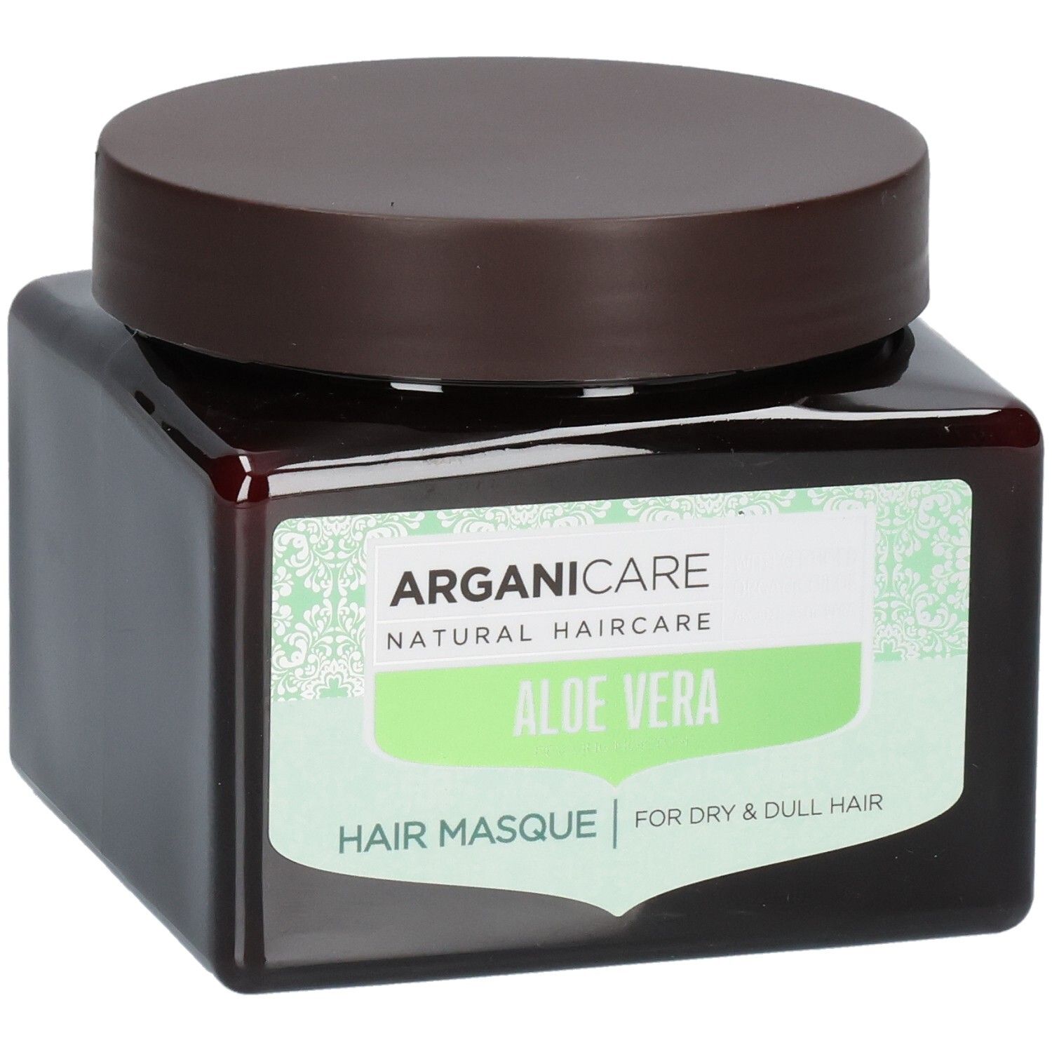 Arganicare Haarmasker met Aloë Vera voor droog en dof haar in een bruine pot.