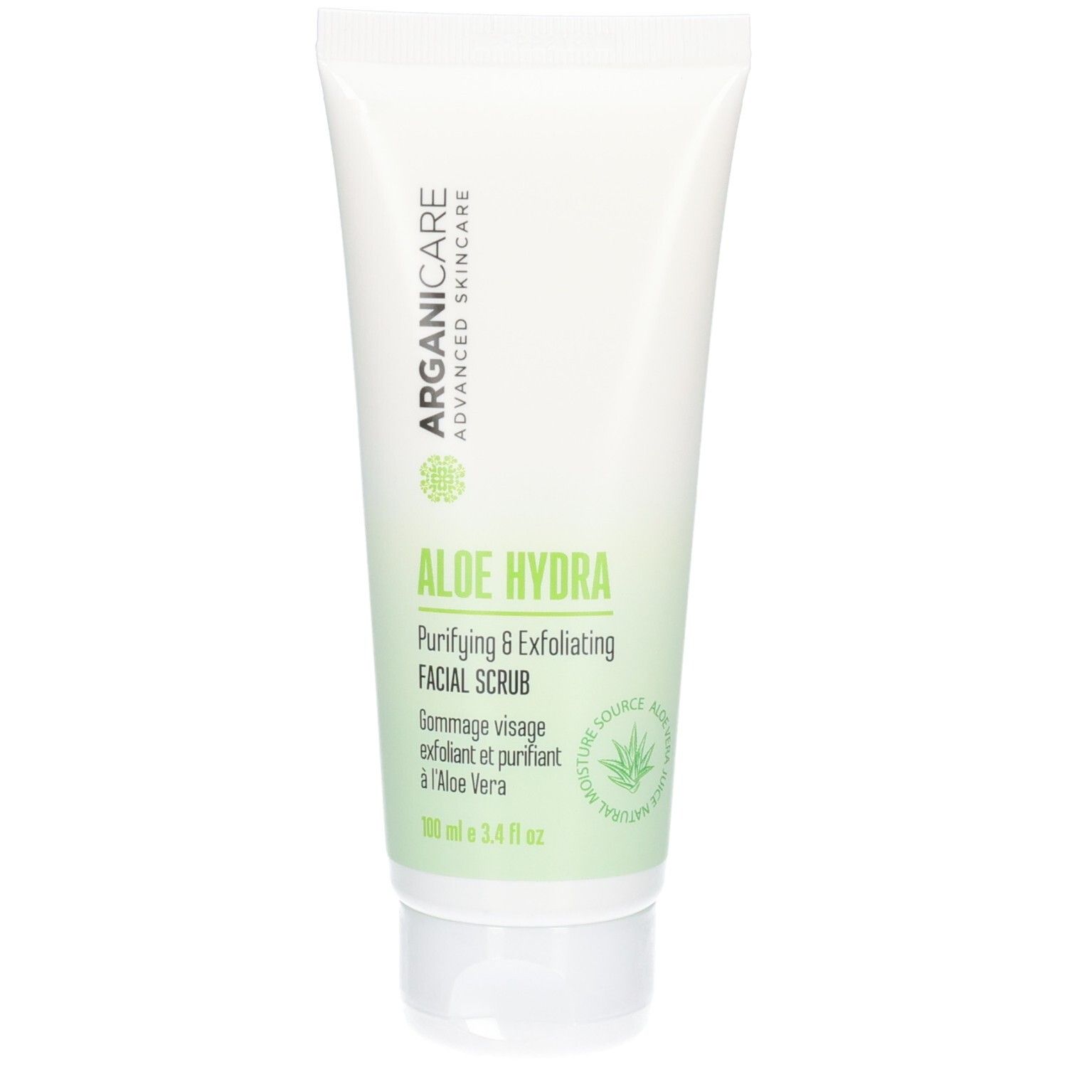 Tube blanc Arganicare Aloe Hydra Gommage visage purifiant et exfoliant.