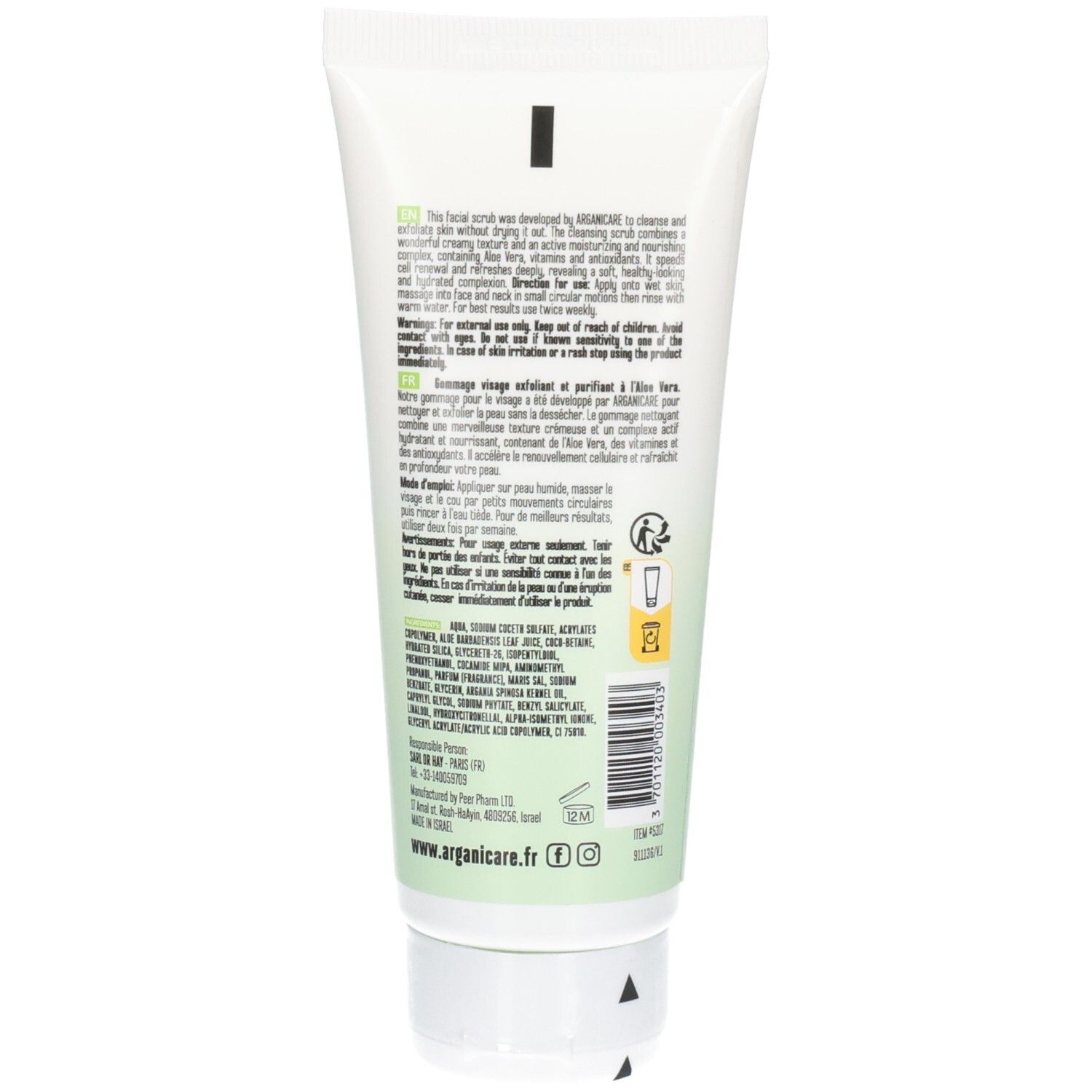 Arganicare Aloe Hydra Gommage visage purifiant et exfoliant, vue arrière du tube.