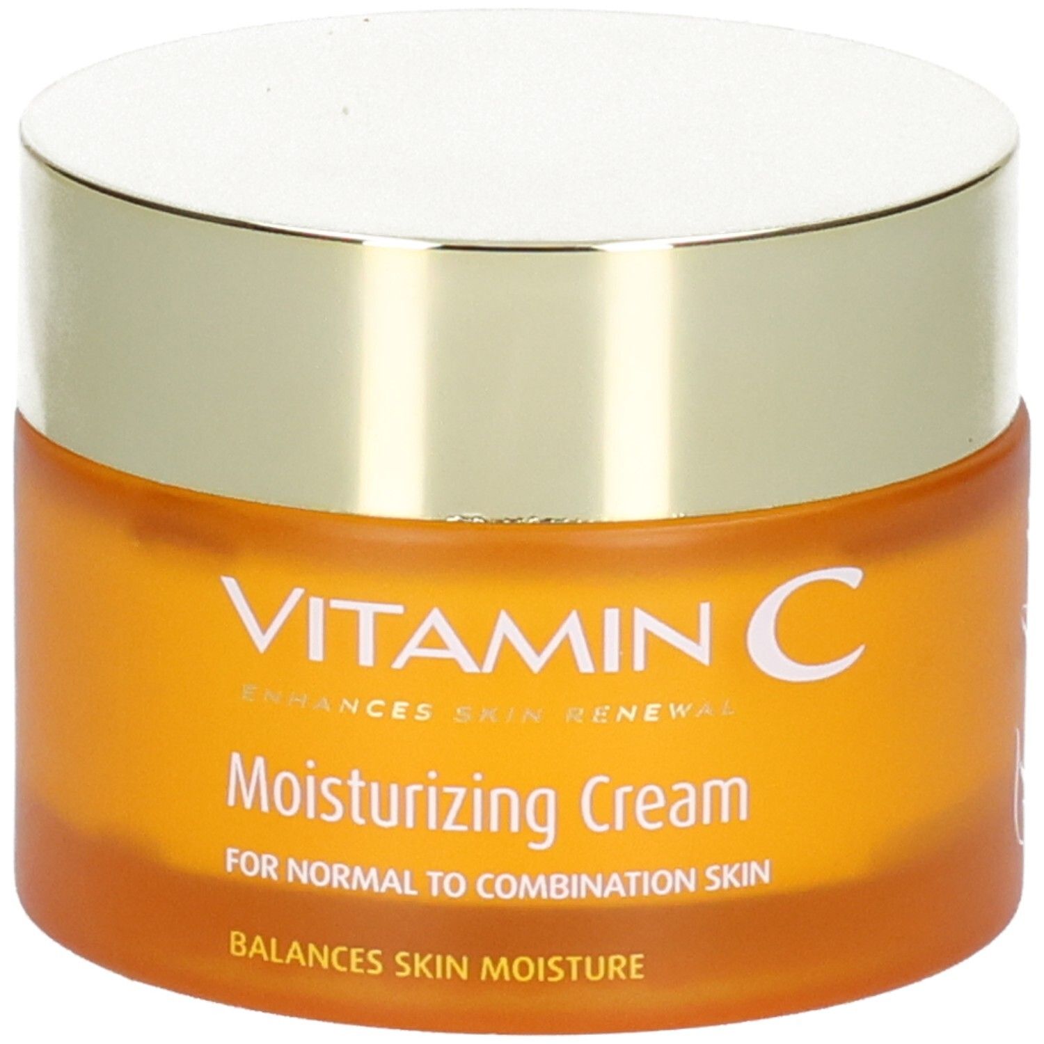 Pot orange avec couvercle doré, inscription "VITAMIN C Moisturizing Cream".