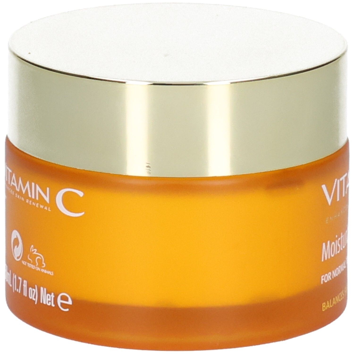 Pot orange avec couvercle doré, inscription "VITAMIN C" et "50ml (1.7 fl oz) Net e".