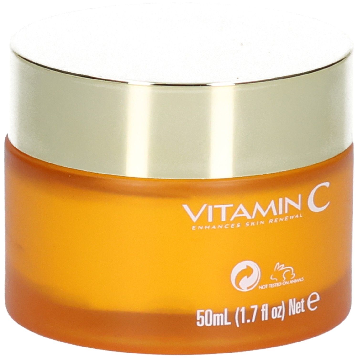 Pot orange avec couvercle doré, inscription "VITAMIN C" et "50ml (1.7 fl oz) Net e".