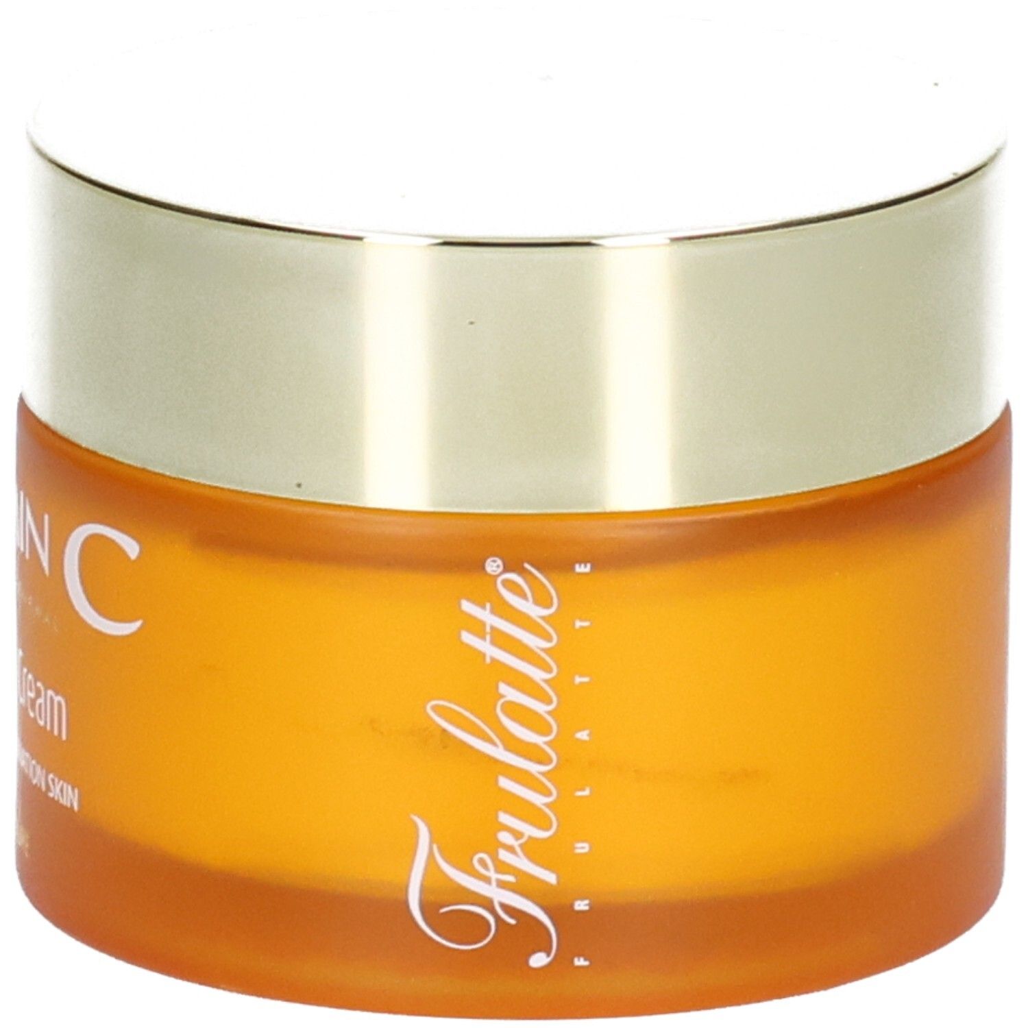 Pot orange avec couvercle doré, inscription "VITAMIN C" et "Frulatte".